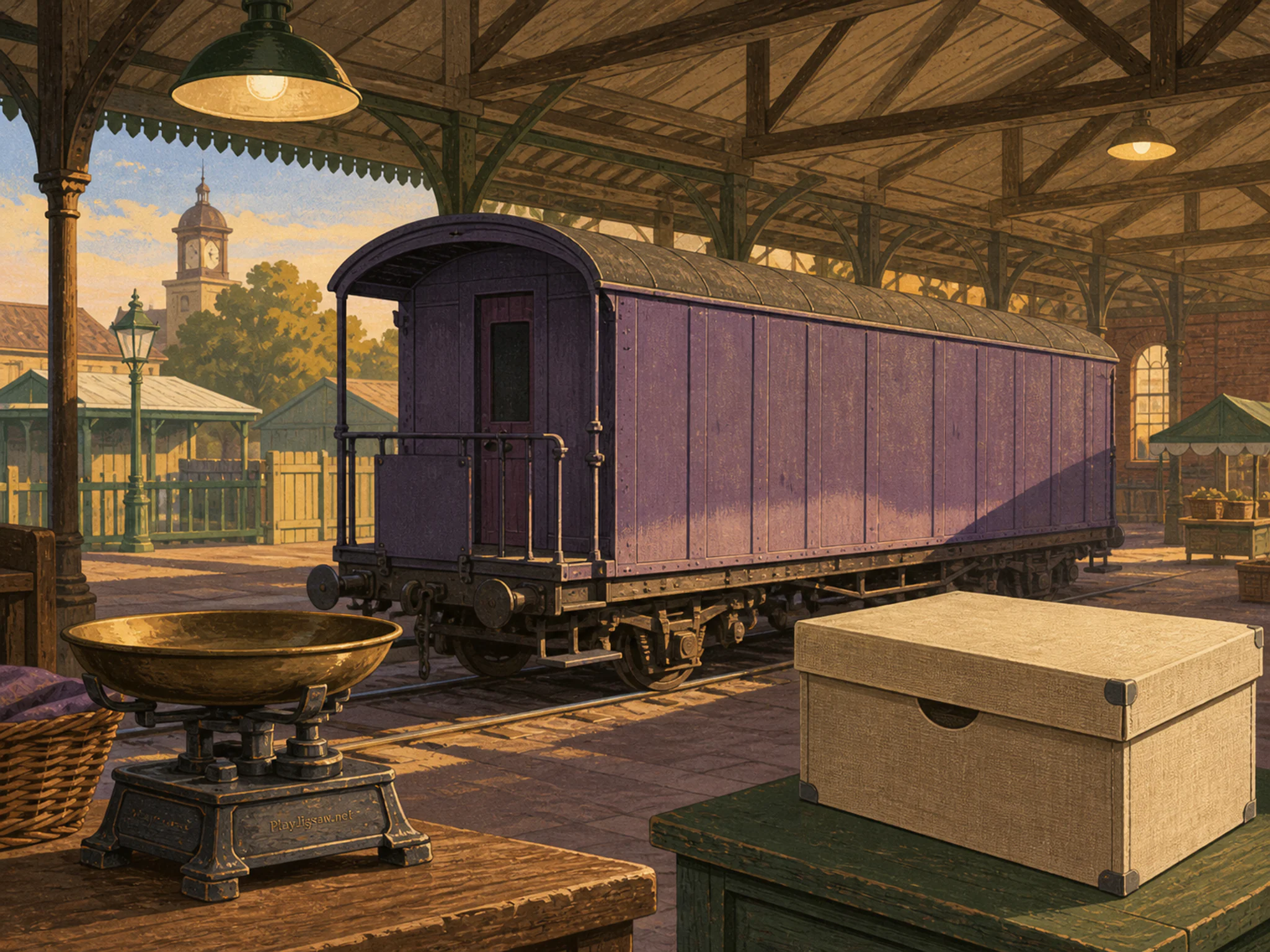 Railway Mail Car cooling beside linen archive box in a covered heritage market, with layered scenery and warm late-day sunlight.