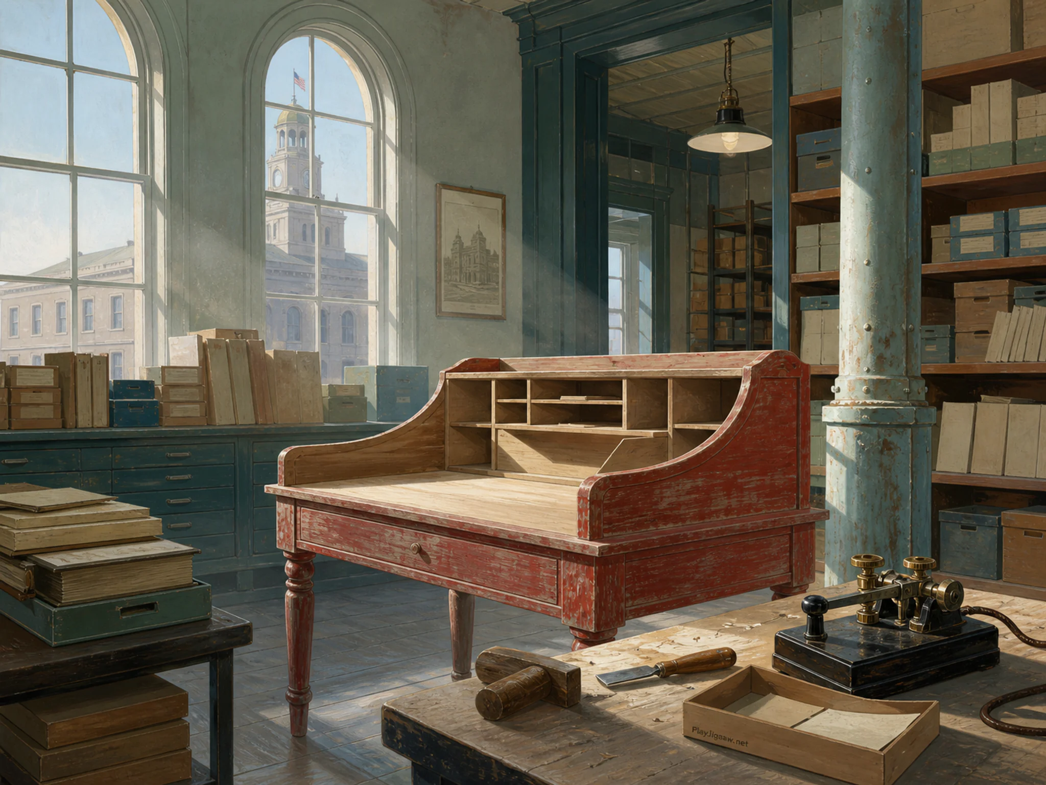 Telegraph Desk being shaped beside black telegraph key in a dust-lit municipal archive, with layered scenery and clear early morning light.