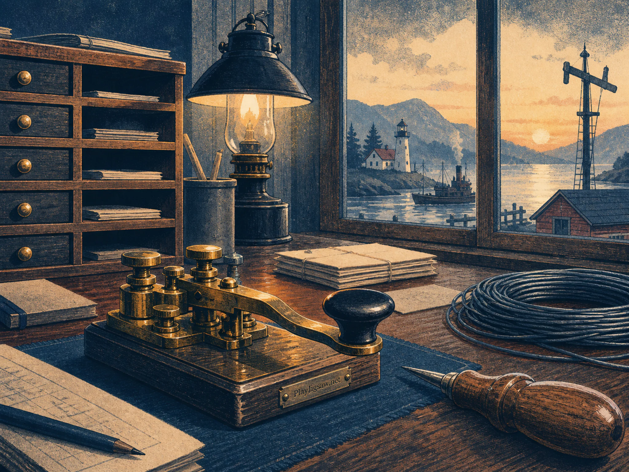 Telegraph Desk waiting beside wooden hand tool in a compact communications office, with layered scenery and calm misty dawn.