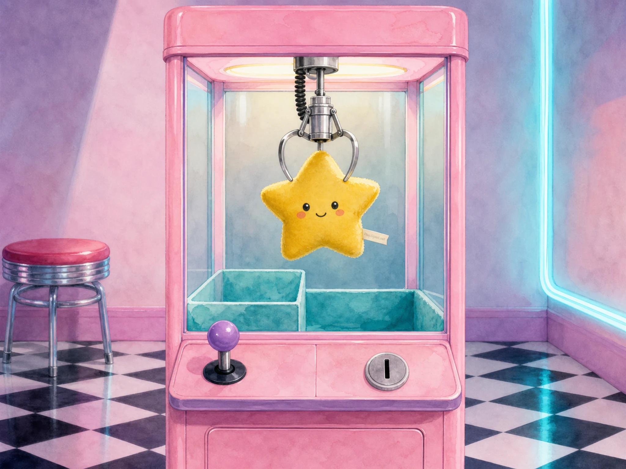 A retro arcade corner with a pastel pink claw machine holding a yellow plush star, turquoise prize bin, purple joystick, round coin slot, checker floor, small stool, cyan neon reflection, and a tiny in-world fabric tag
