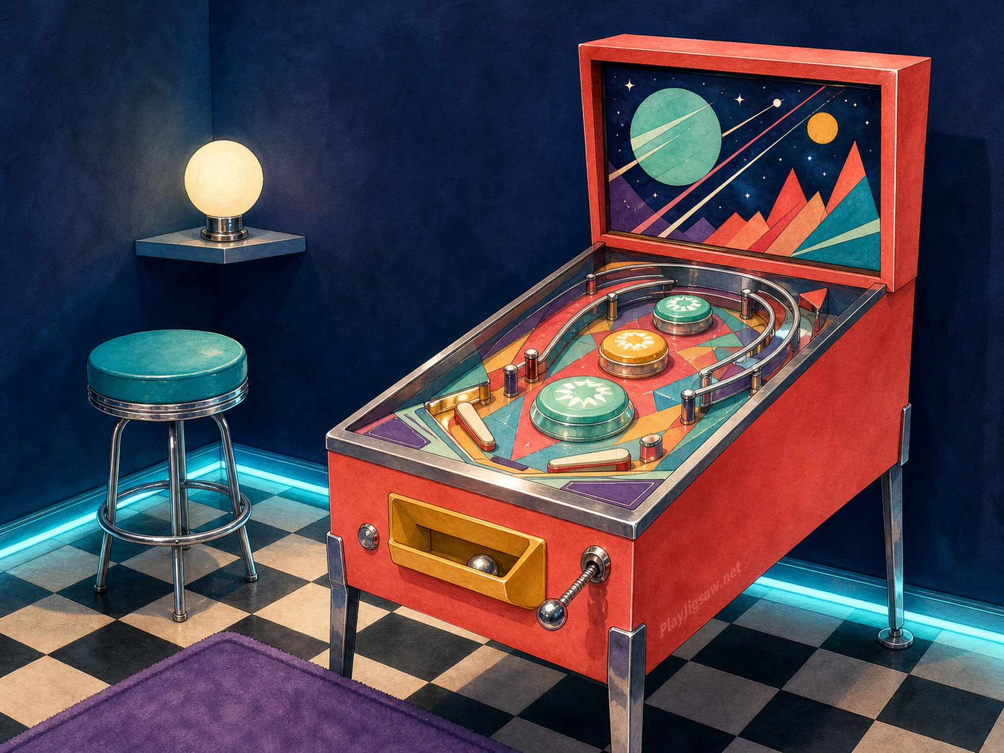 A coral-red retro pinball machine in a navy game room with turquoise stool, geometric playfield, chrome trim, violet mat, and a tiny faded cabinet stencil