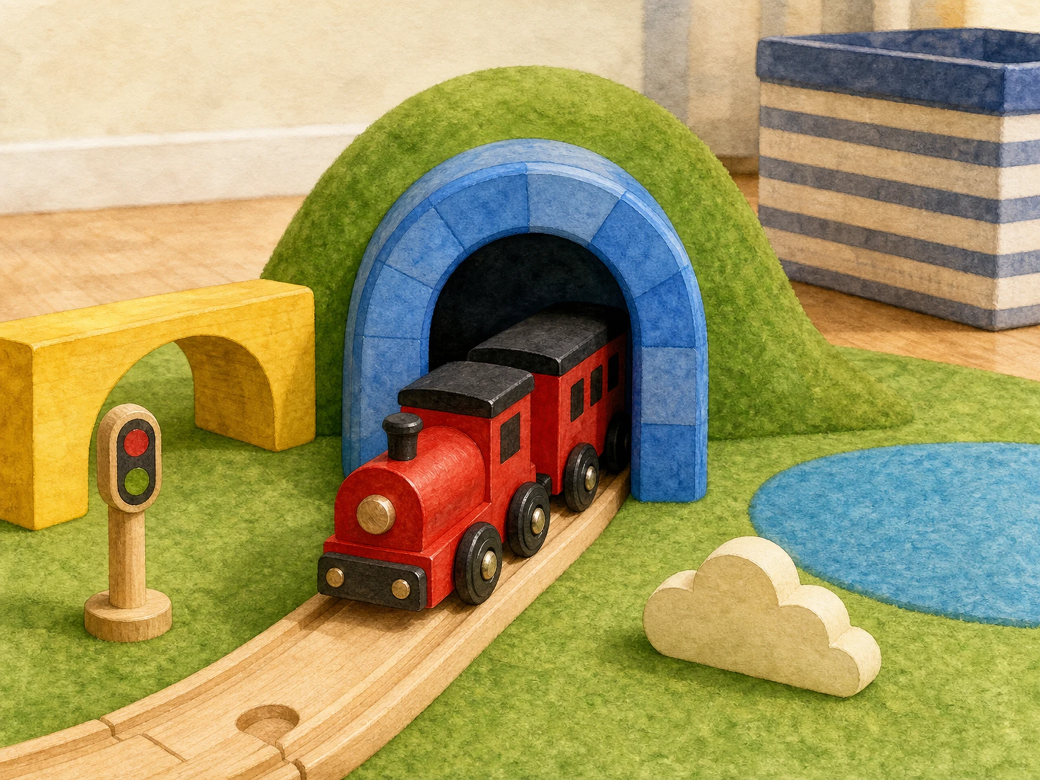 A playroom floor with a red wooden toy train emerging from a blue arched tunnel, yellow bridge block, green felt hill, wooden signal, cream toy cloud, blue pond shape, striped storage box, and a tiny in-world box stamp