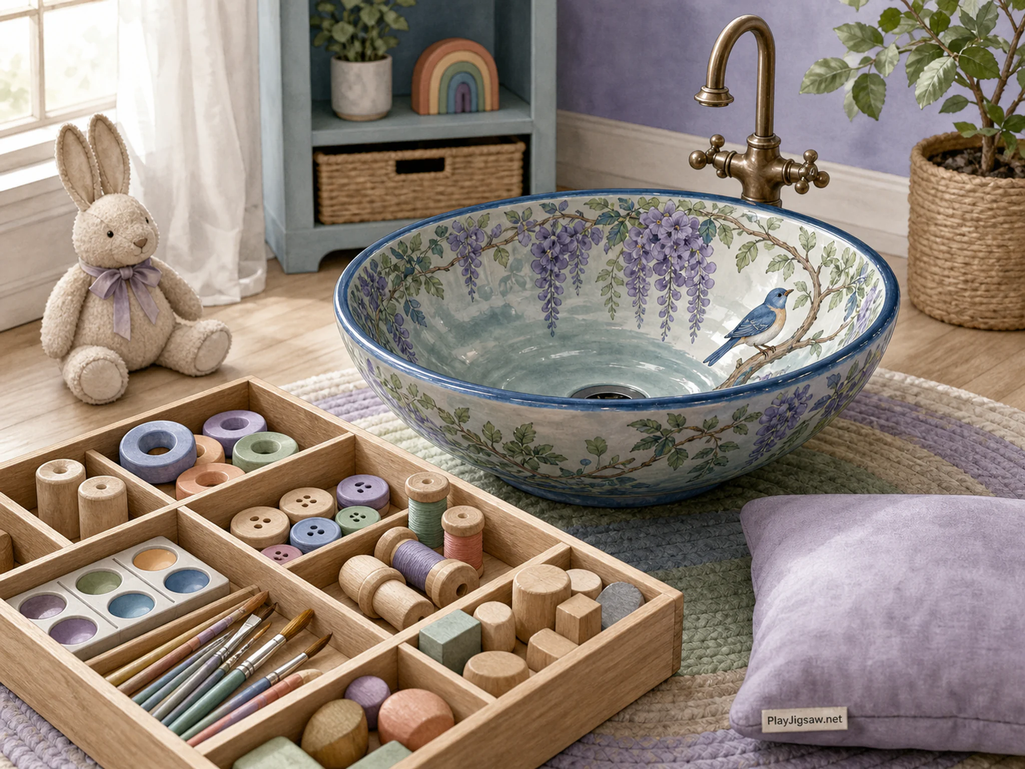 Art Sink waiting behind sorted wooden parts box in a calm nursery room, with layered scenery and bright diffused window light.