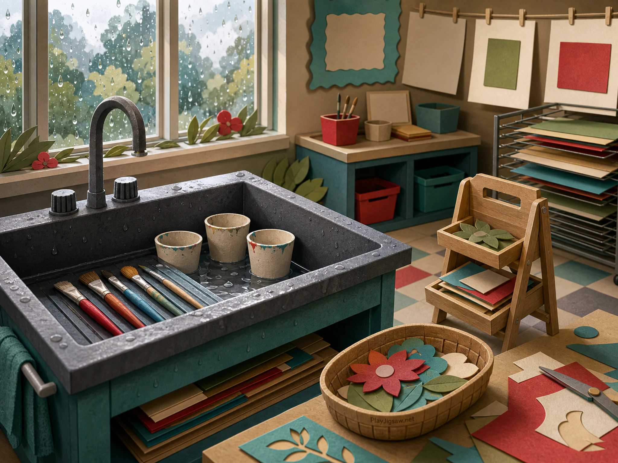 Art Sink drying near small assembly stand in a washable art classroom, with layered scenery and gentle rain with crisp reflections.