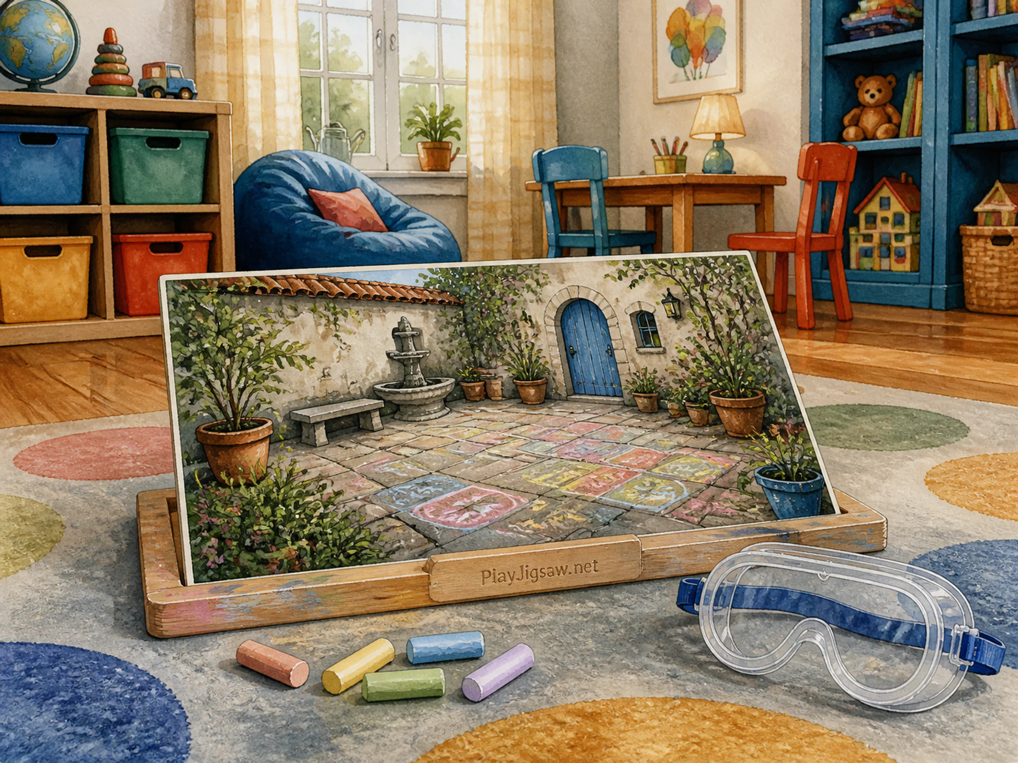 Chalk Courtyard being tested beside clear safety goggles in a colorful playroom floor, with layered scenery and soft overcast afternoon.