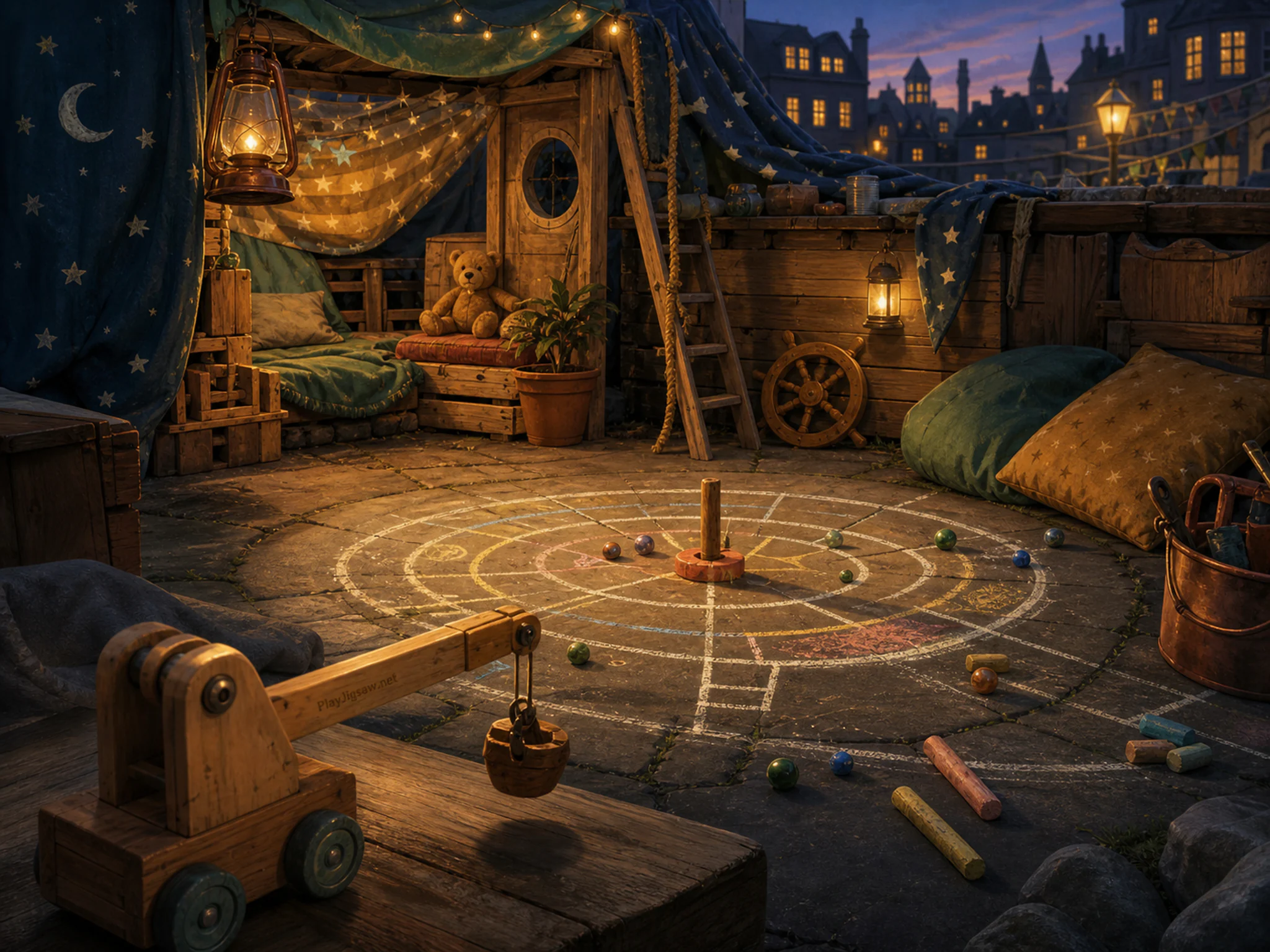 Chalk Courtyard set up around painted score peg in a cozy child-built hideaway, with layered scenery and golden lamplight at dusk.