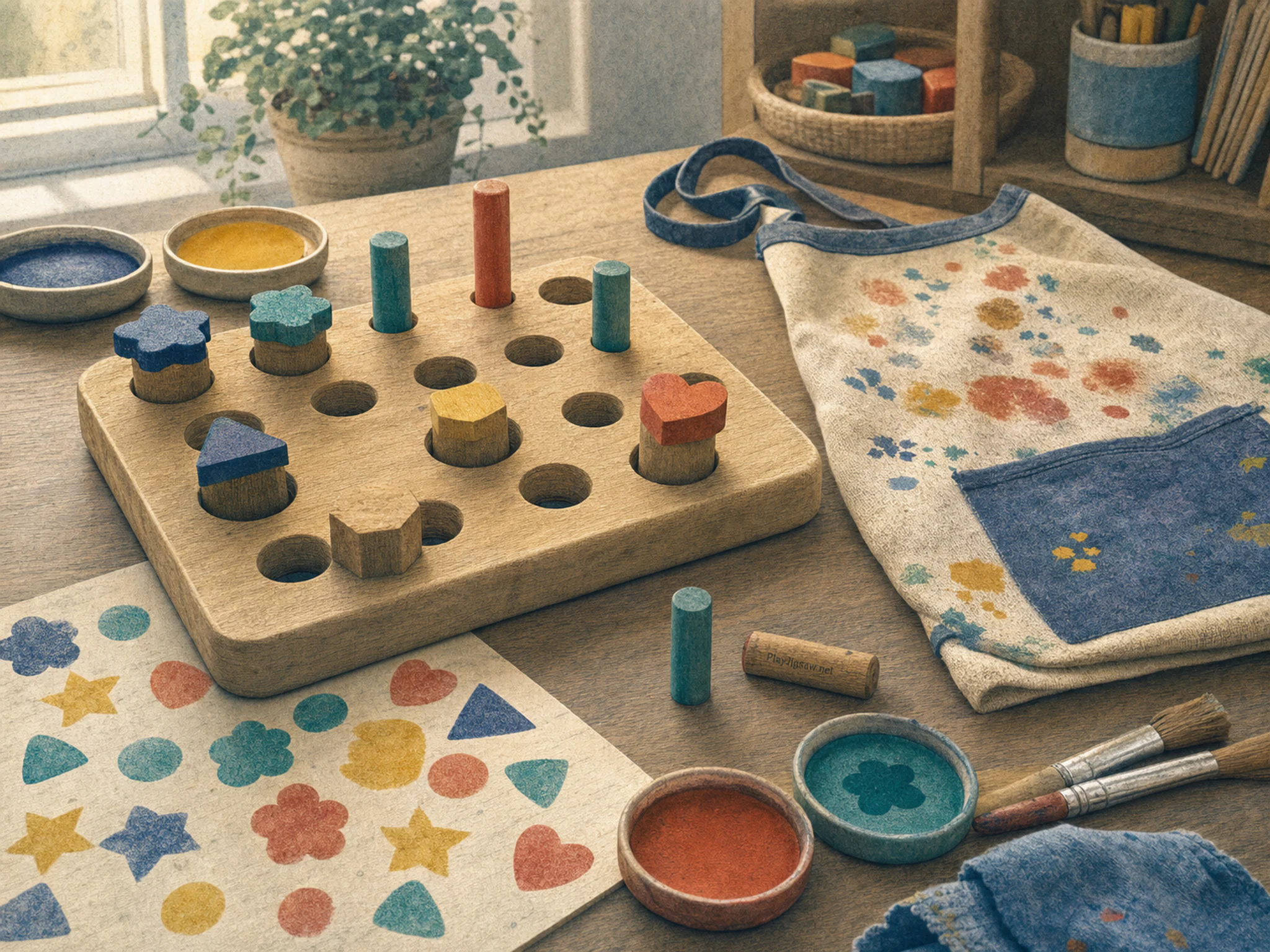 Paint Stamp Table taking shape on paint-splashed apron in a supervised discovery table, with layered scenery and bright diffused window light.