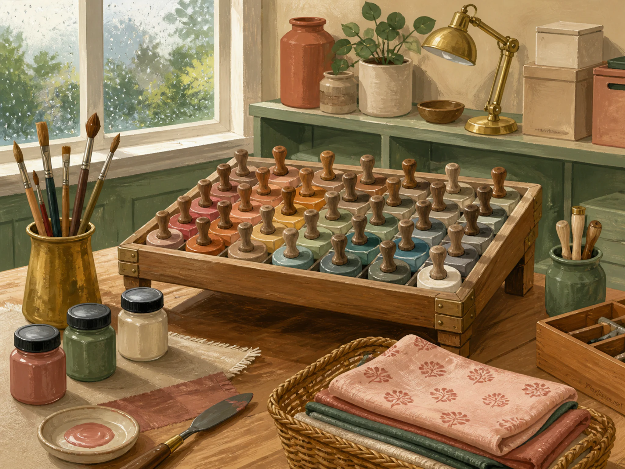 Paint Stamp Table assembled across fabric prop basket in a careful model workshop, with layered scenery and gentle rain with crisp reflections.