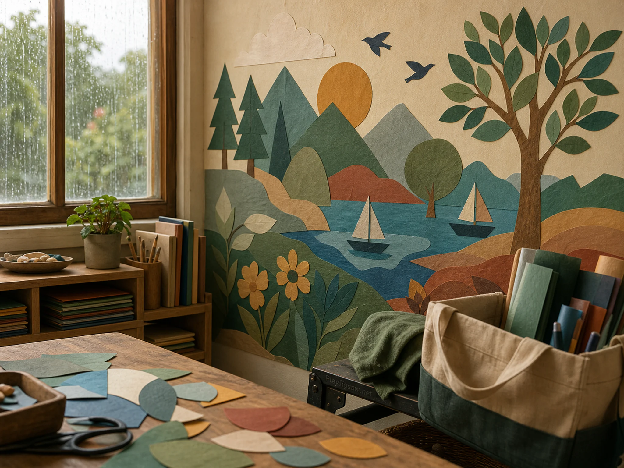 paper collage wall set up naturally beside a canvas supply bag in a classroom paper-collage wall with a tidy craft table, with familiar objects and gentle rain with crisp.