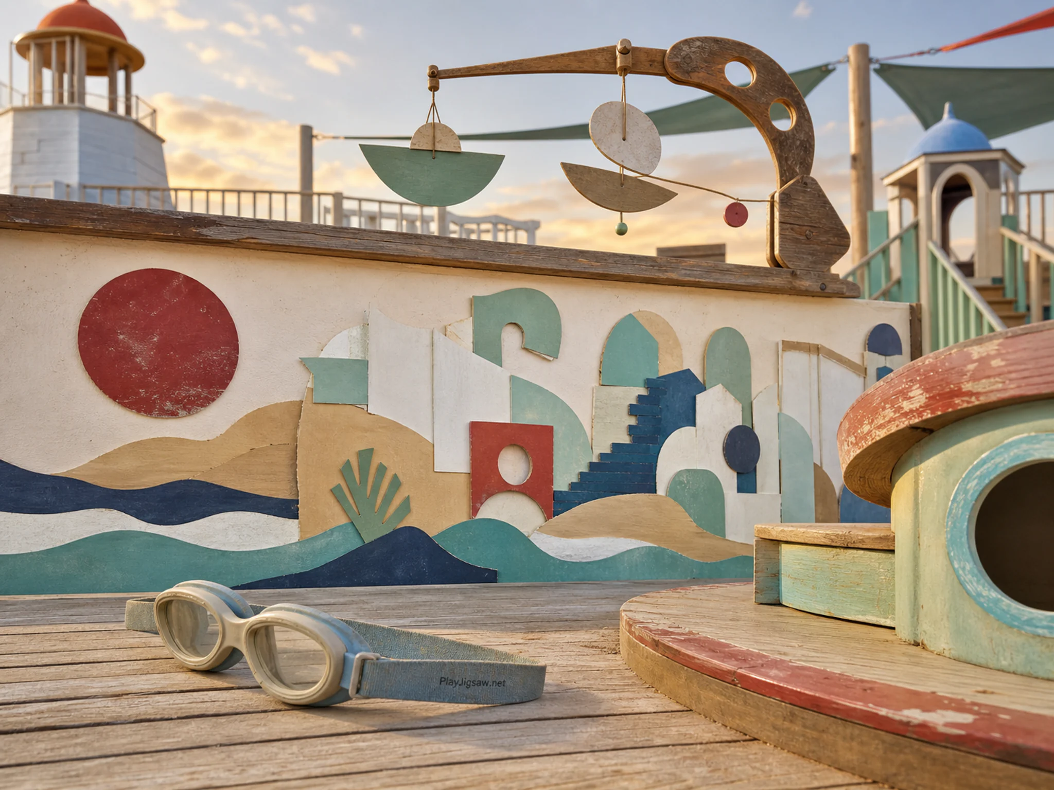 Paper Collage Wall tucked beneath carved mobile arm in a bright outdoor play space, with layered scenery and golden lamplight at dusk.