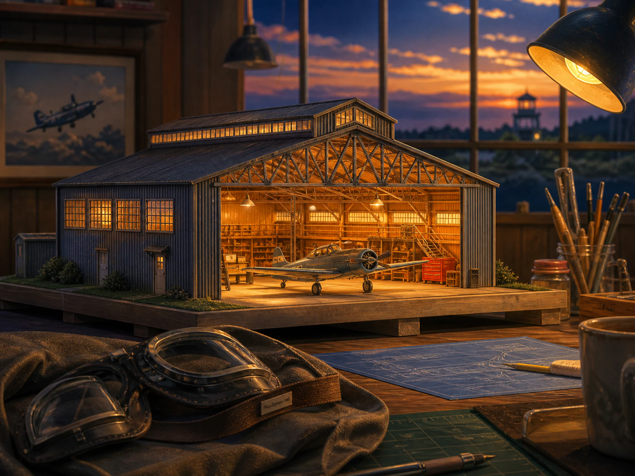Airplane Hangar assembled across small assembly stand in a supervised discovery table, with layered scenery and golden lamplight at dusk.