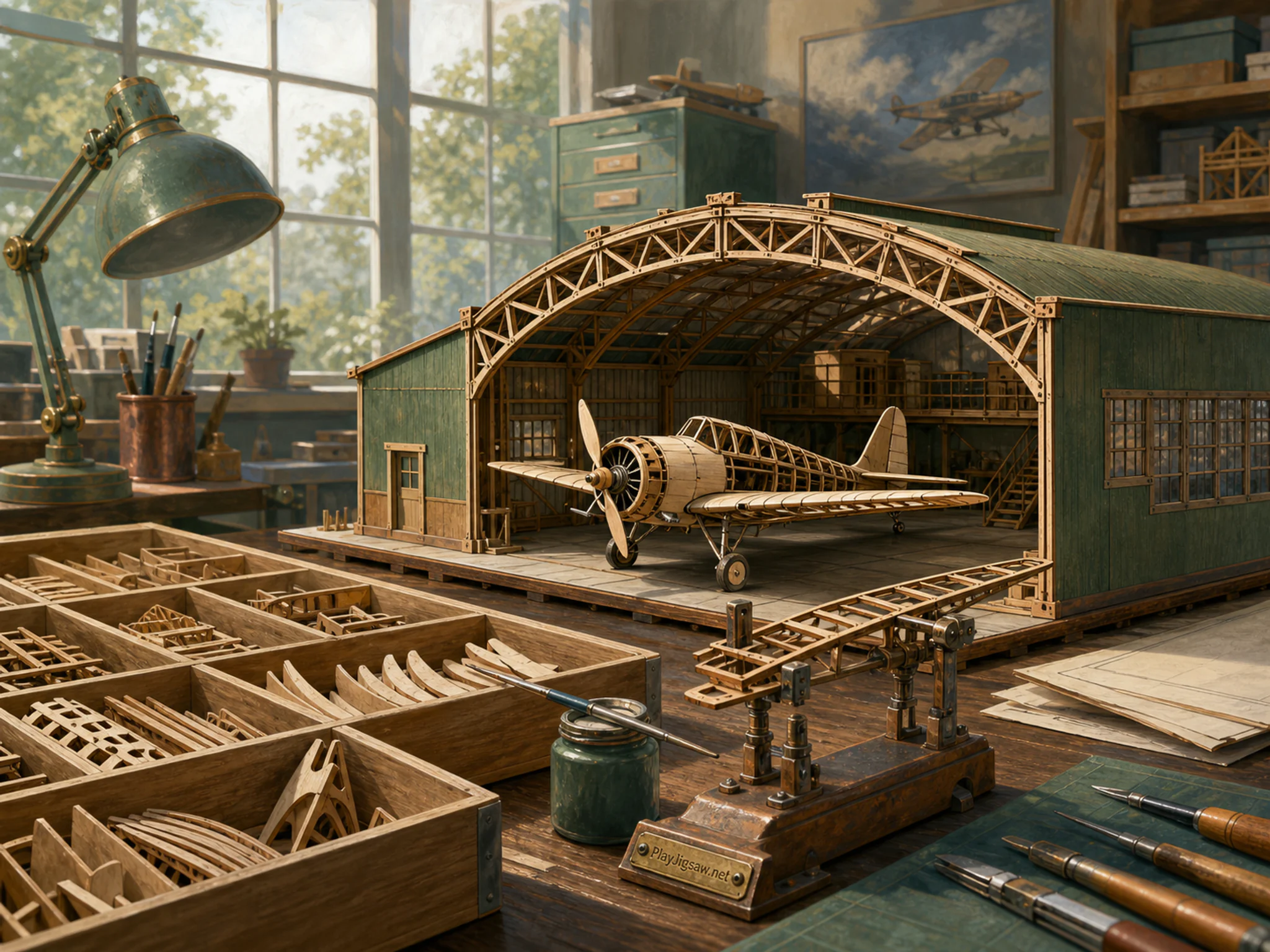 Airplane Hangar taking shape on sorted wooden parts box in a careful model workshop, with layered scenery and bright diffused window light.