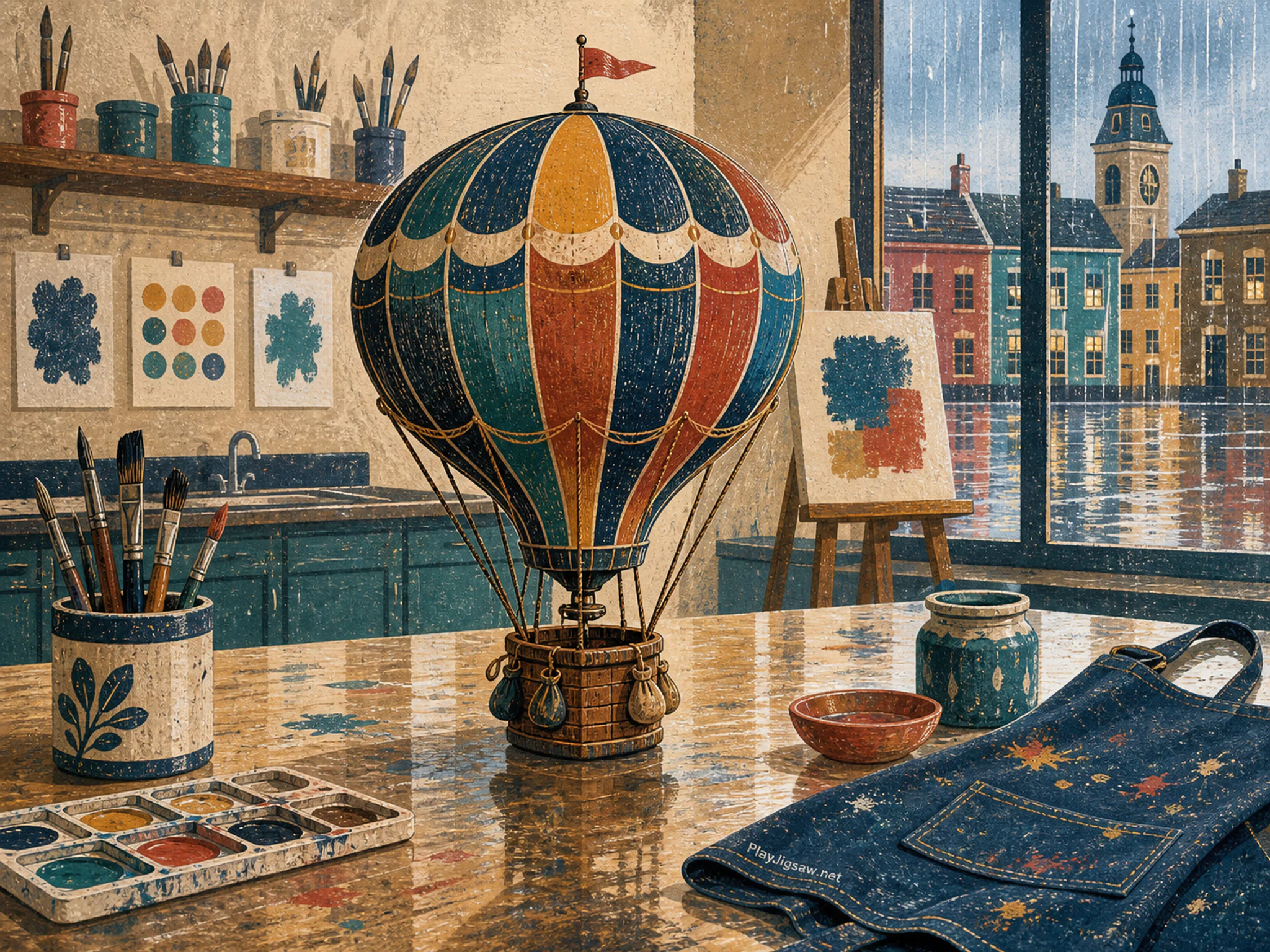 Hot Airship tucked beneath painted score peg in a washable art classroom, with layered scenery and gentle rain with crisp reflections.