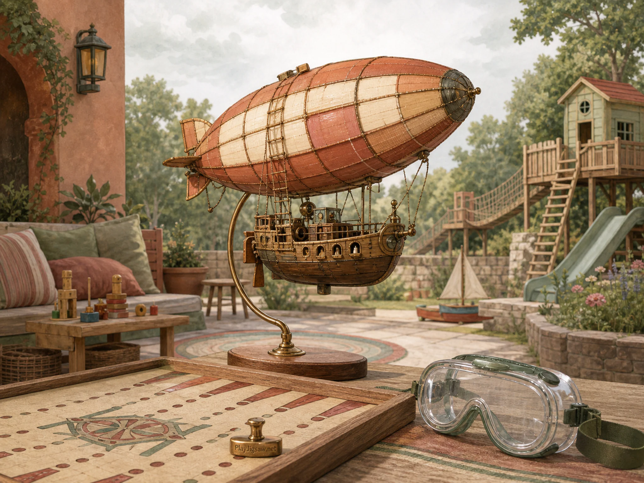 Hot Airship turning above clear safety goggles in a bright outdoor play space, with layered scenery and soft overcast afternoon.