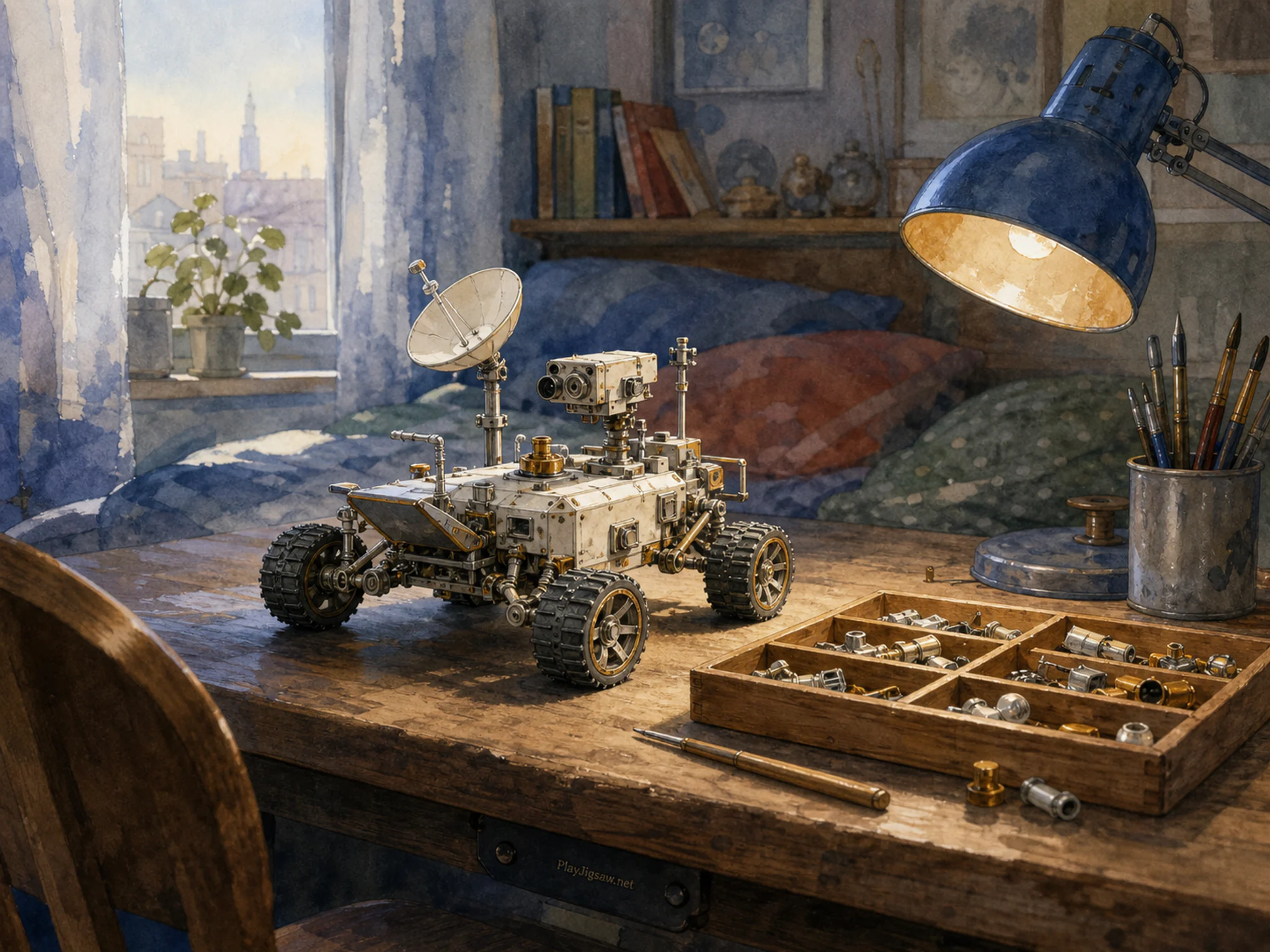 moon rover kit set up naturally beside a small wooden parts tray in a bedroom moon-rover model desk with a desk lamp, with familiar objects and calm misty dawn.