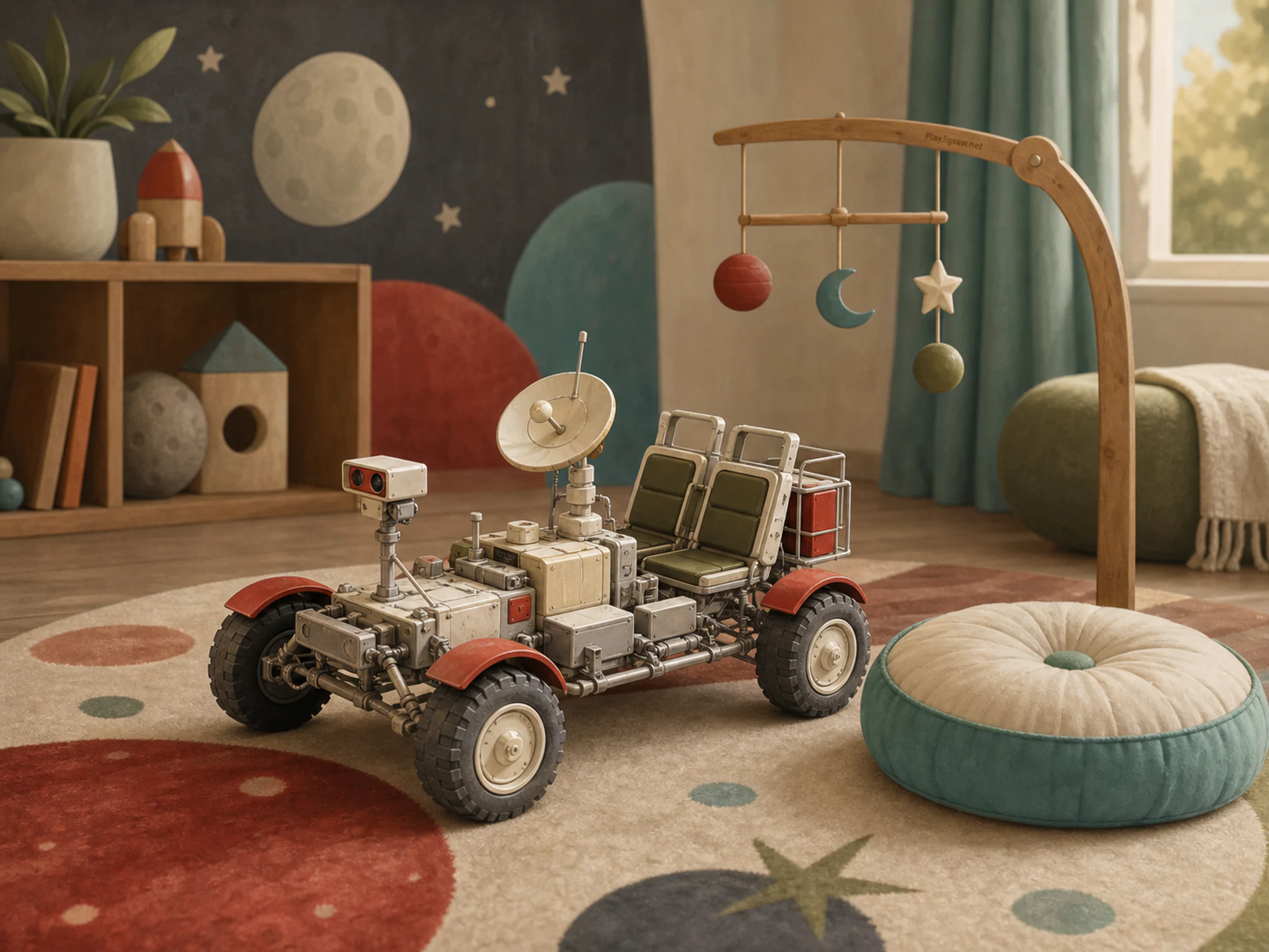 Moon Rover Kit set up around soft floor cushion in a calm nursery room, with layered scenery and soft overcast afternoon.