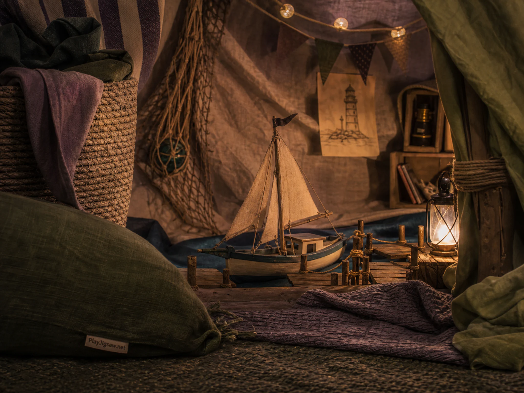 Sailboat Dock waiting behind fabric prop basket in a cozy child-built hideaway, with layered scenery and golden lamplight at dusk.