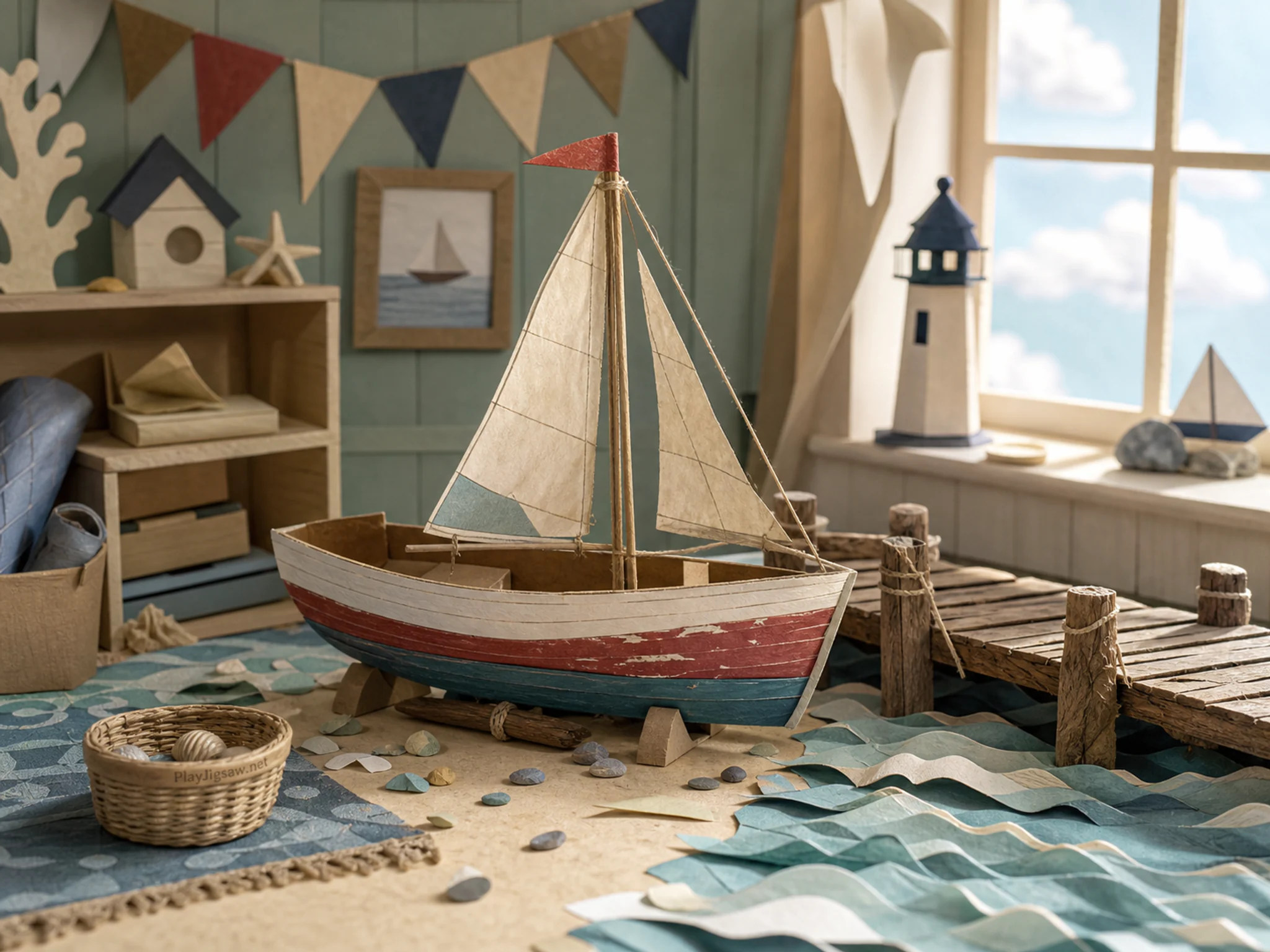 Sailboat Dock drying near paint-splashed apron in a miniature storytelling corner, with layered scenery and bright diffused window light.