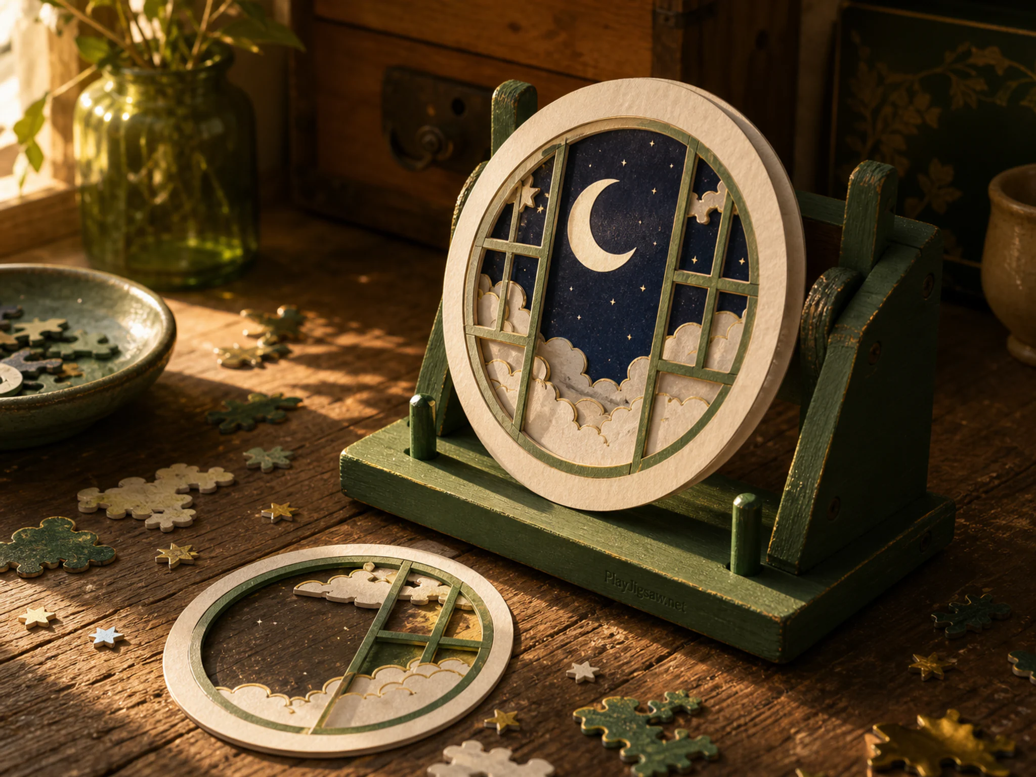Paper Moon Window being tested beside small assembly stand in a miniature storytelling corner, with layered scenery and warm late-day sunlight.