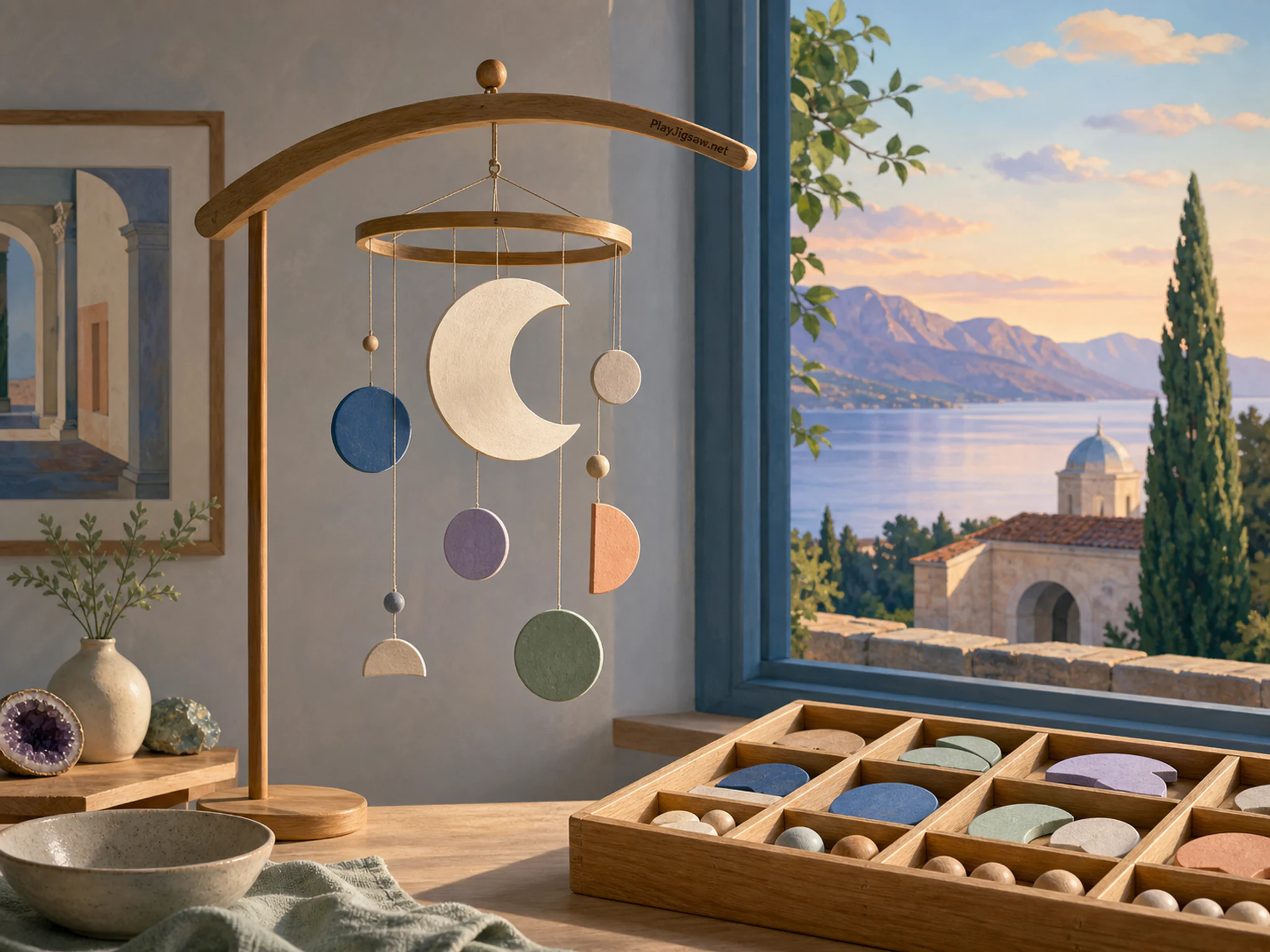 Paper Moon Window set up around sorted wooden parts box in a supervised discovery table, with layered scenery and clear early morning light.