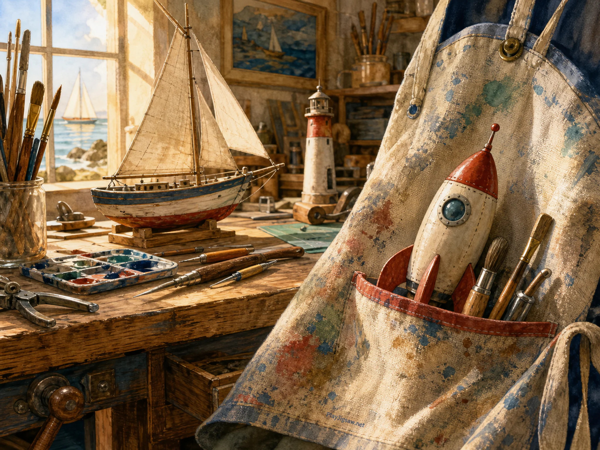 Rocket Mobile tucked beneath paint-splashed apron in a careful model workshop, with layered scenery and warm late-day sunlight.