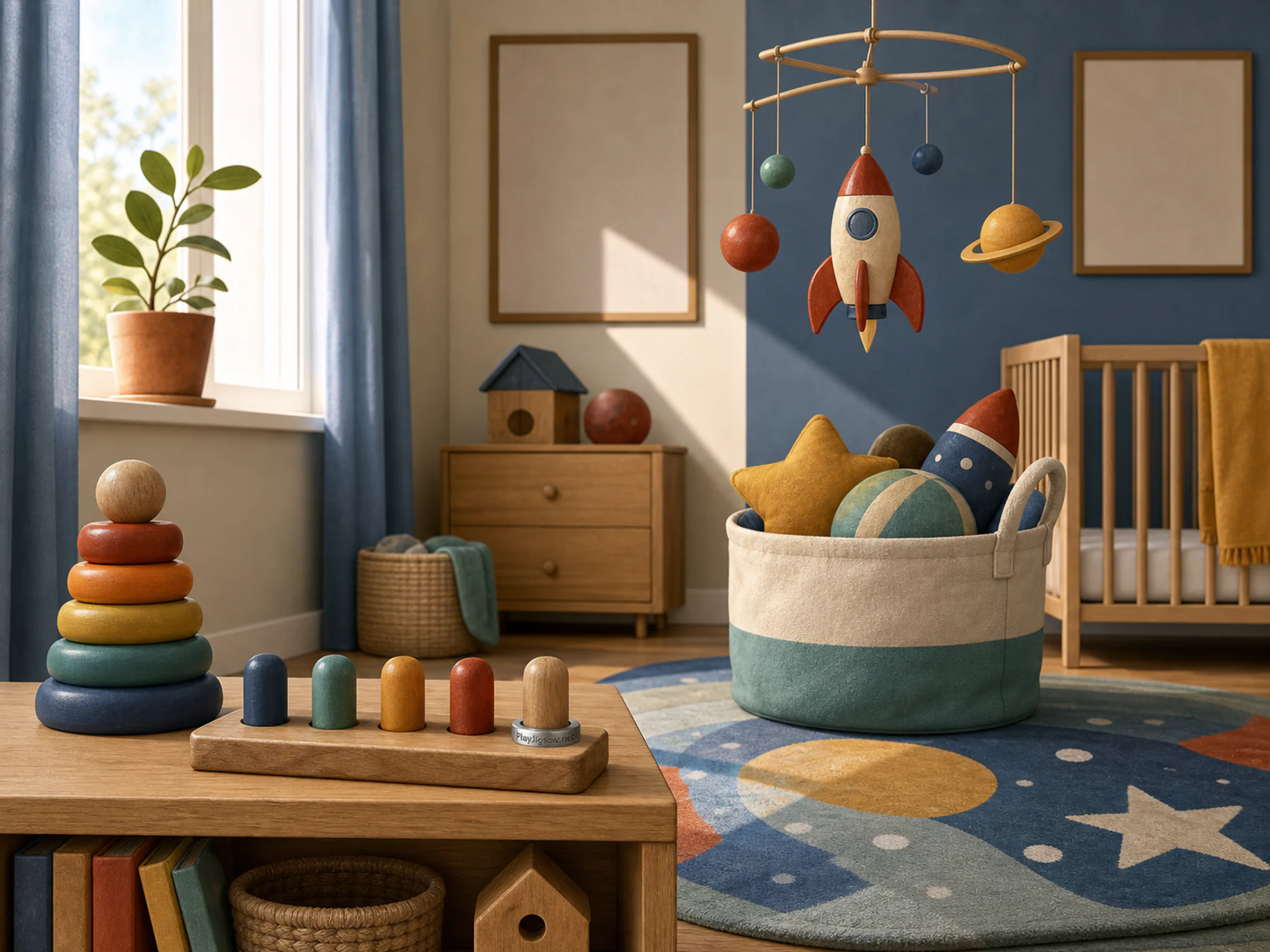 Rocket Mobile turning above fabric prop basket in a calm nursery room, with layered scenery and clear early morning light.