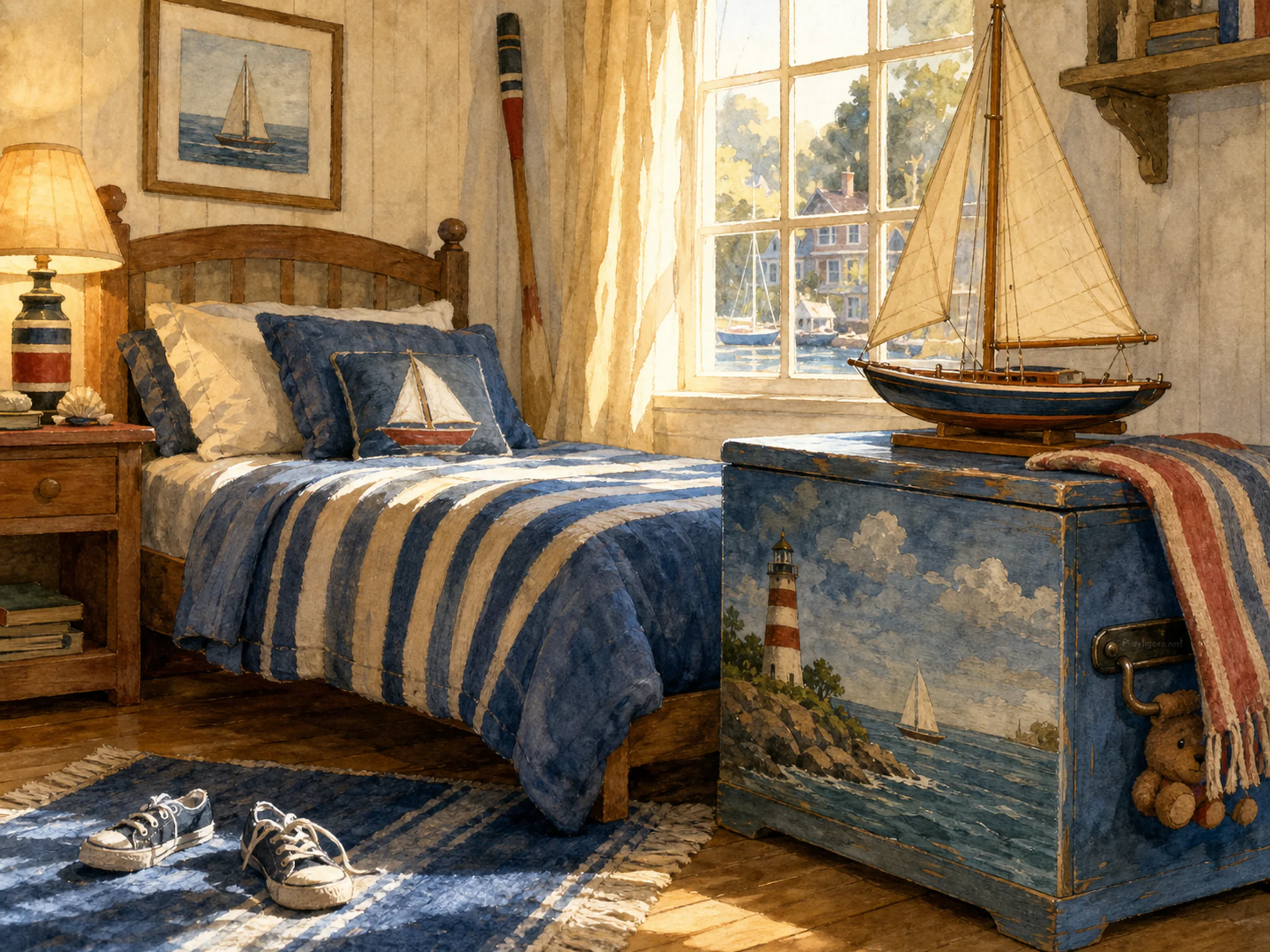 sailboat bedroom set up naturally beside a painted toy chest without text in a familiar bedroom with a sailboat model and striped blanket, with familiar objects and warm late-day.
