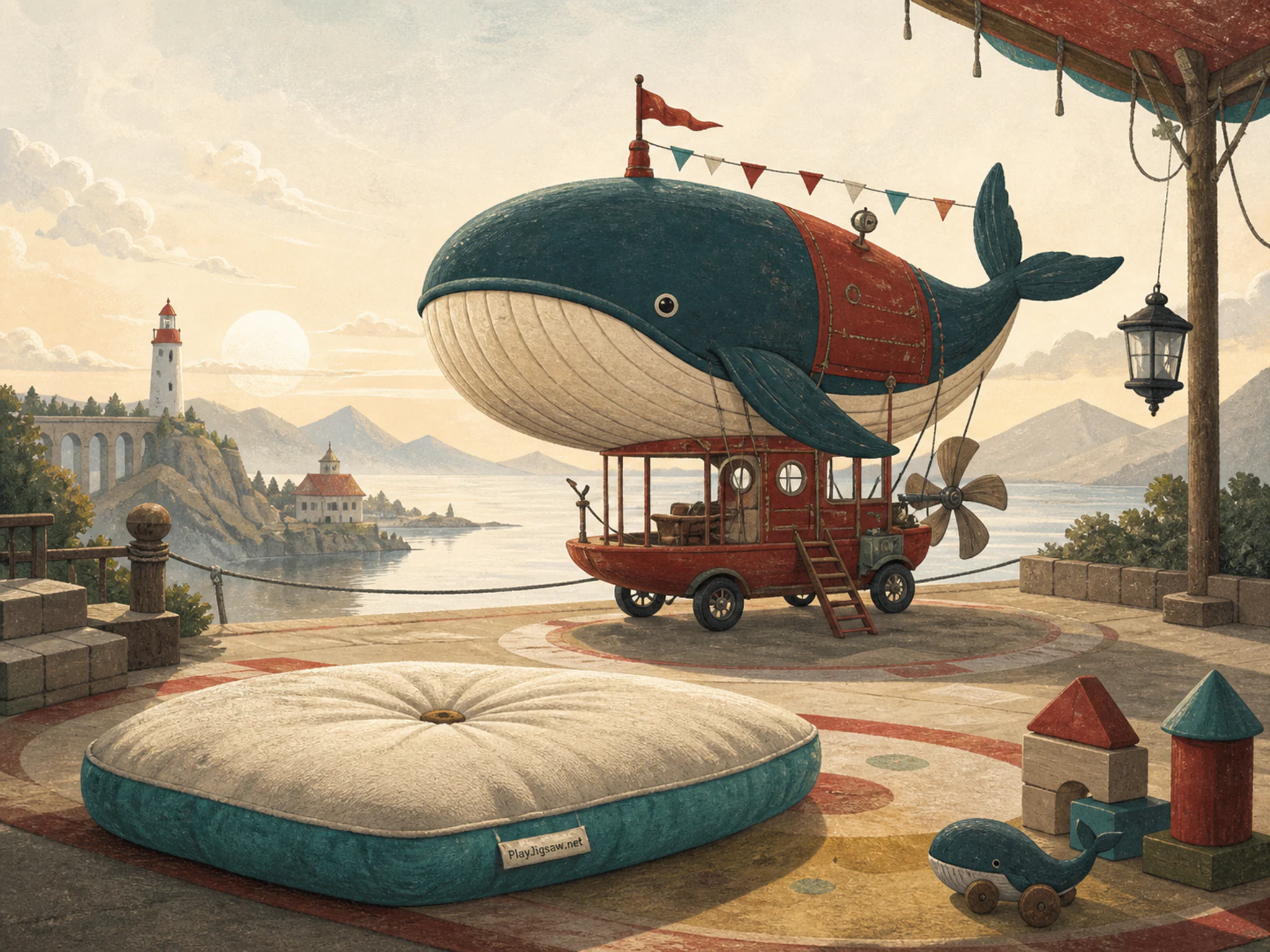 Whale Airship Mobile waiting behind soft floor cushion in a bright outdoor play space, with layered scenery and calm misty dawn.