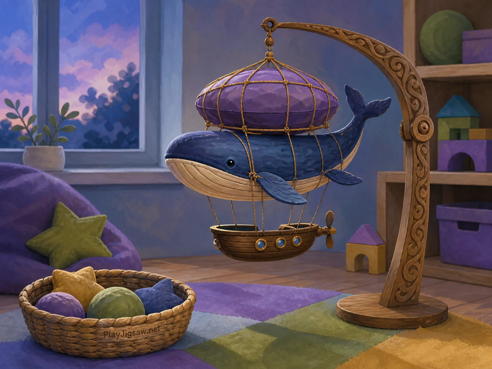 Whale Airship Mobile drying near carved mobile arm in a colorful playroom floor, with layered scenery and cool blue-hour light.