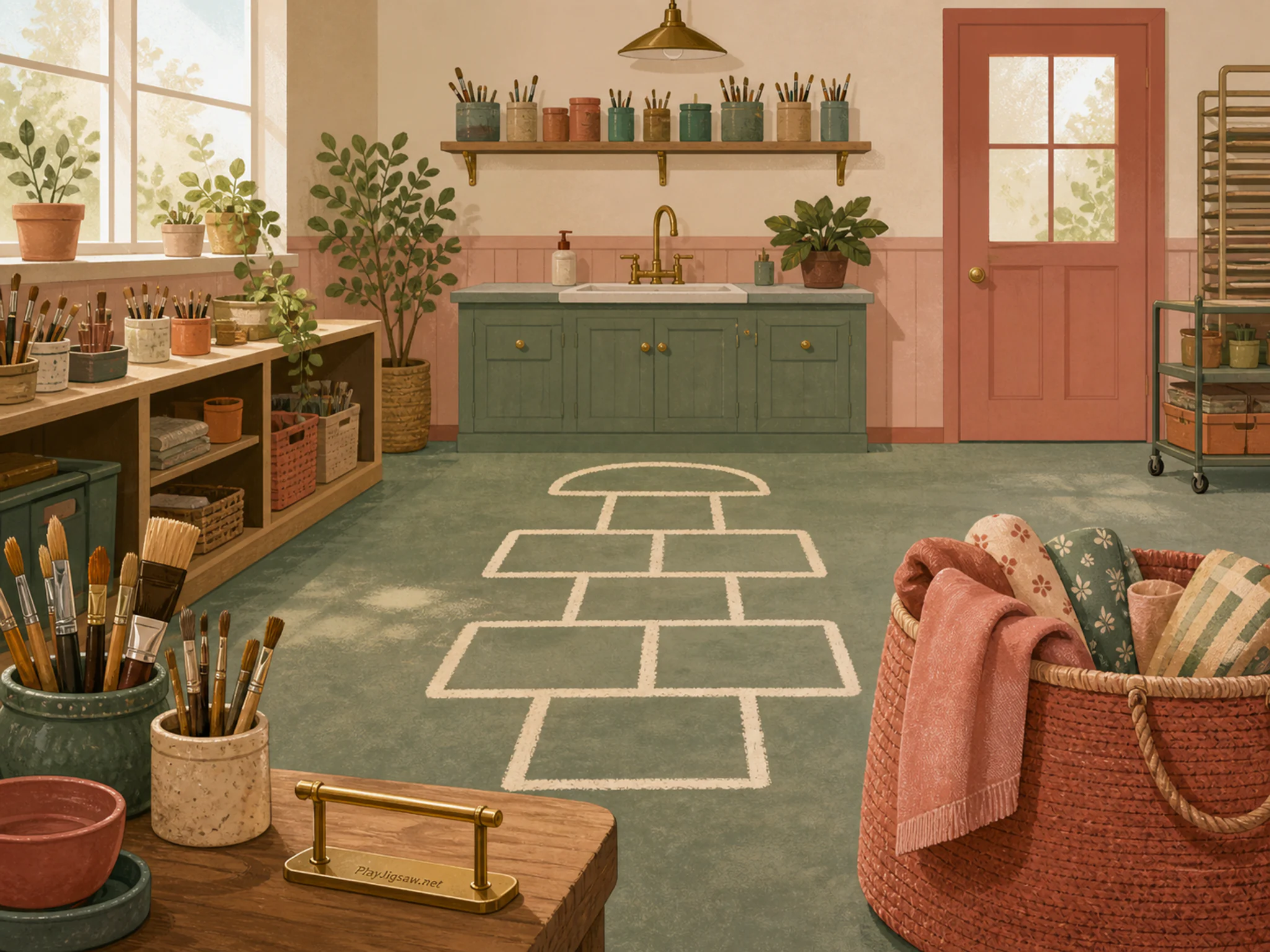 Hopscotch Court being tested beside fabric prop basket in a washable art classroom, with layered scenery and clear early morning light.