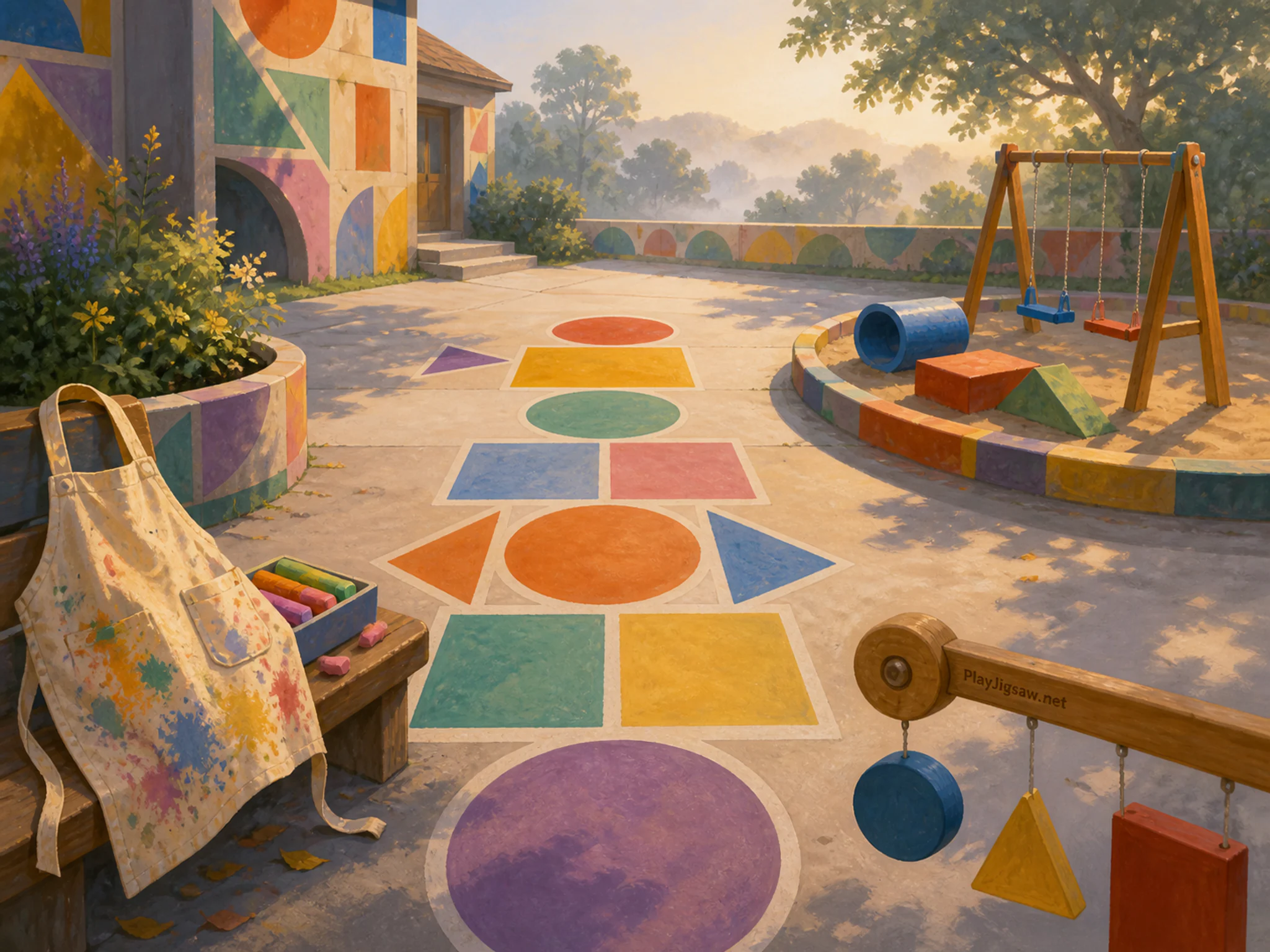 Hopscotch Court set up around paint-splashed apron in a bright outdoor play space, with layered scenery and calm misty dawn.
