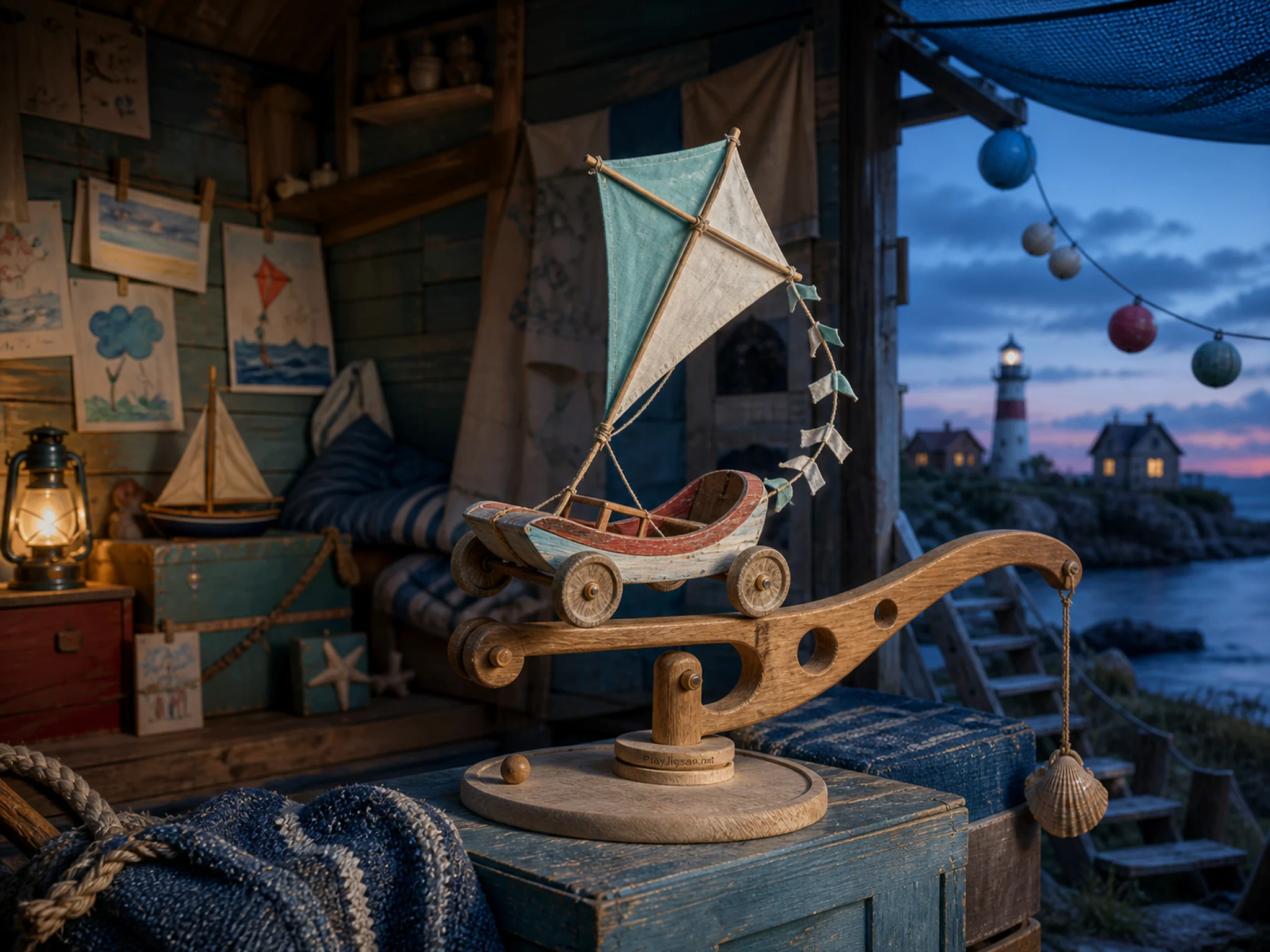 Kite Cart taking shape on carved mobile arm in a cozy child-built hideaway, with layered scenery and cool blue-hour light.