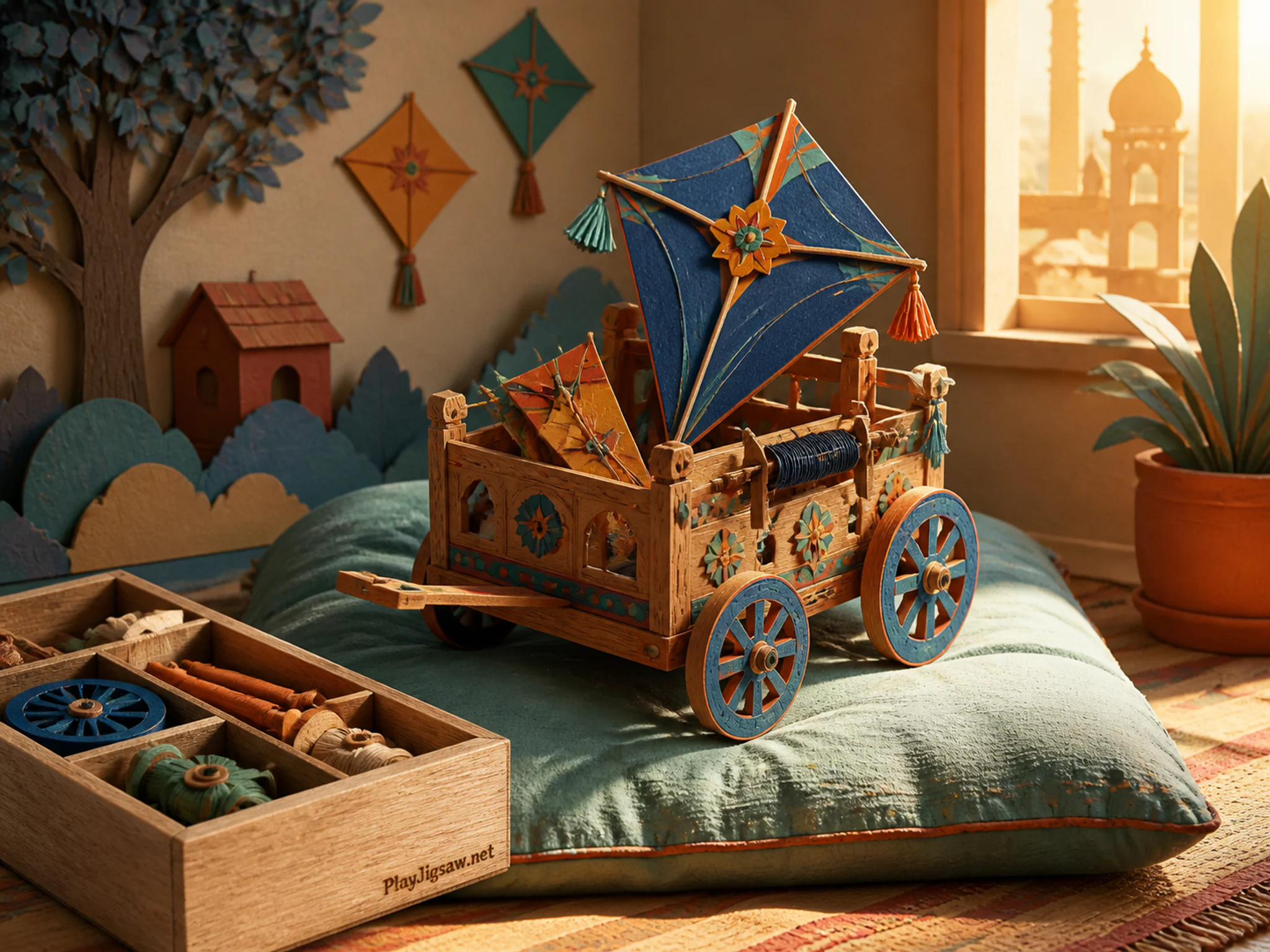 Kite Cart assembled across soft floor cushion in a miniature storytelling corner, with layered scenery and warm late-day sunlight.