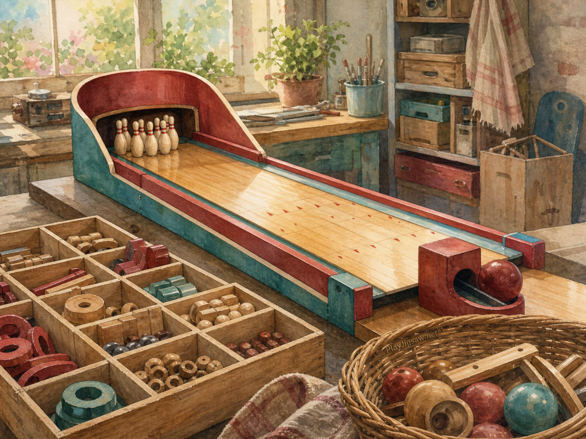Mini Bowling Lane turning above sorted wooden parts box in a careful model workshop, with layered scenery and clear early morning light.