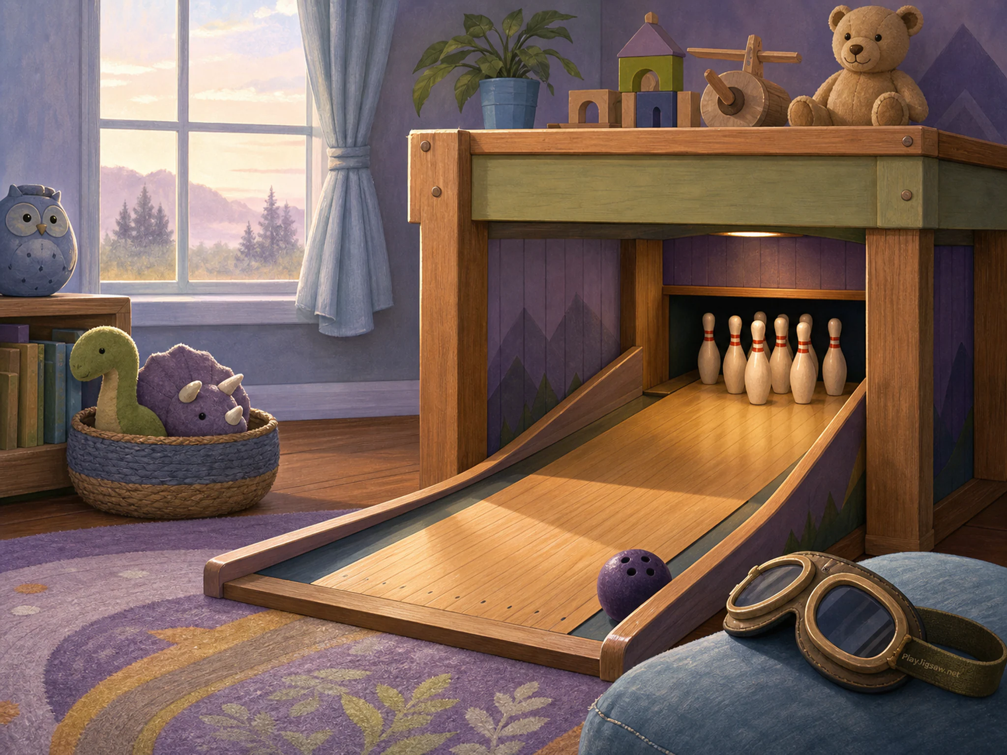 Mini Bowling Lane tucked beneath small assembly stand in a calm nursery room, with layered scenery and calm misty dawn.