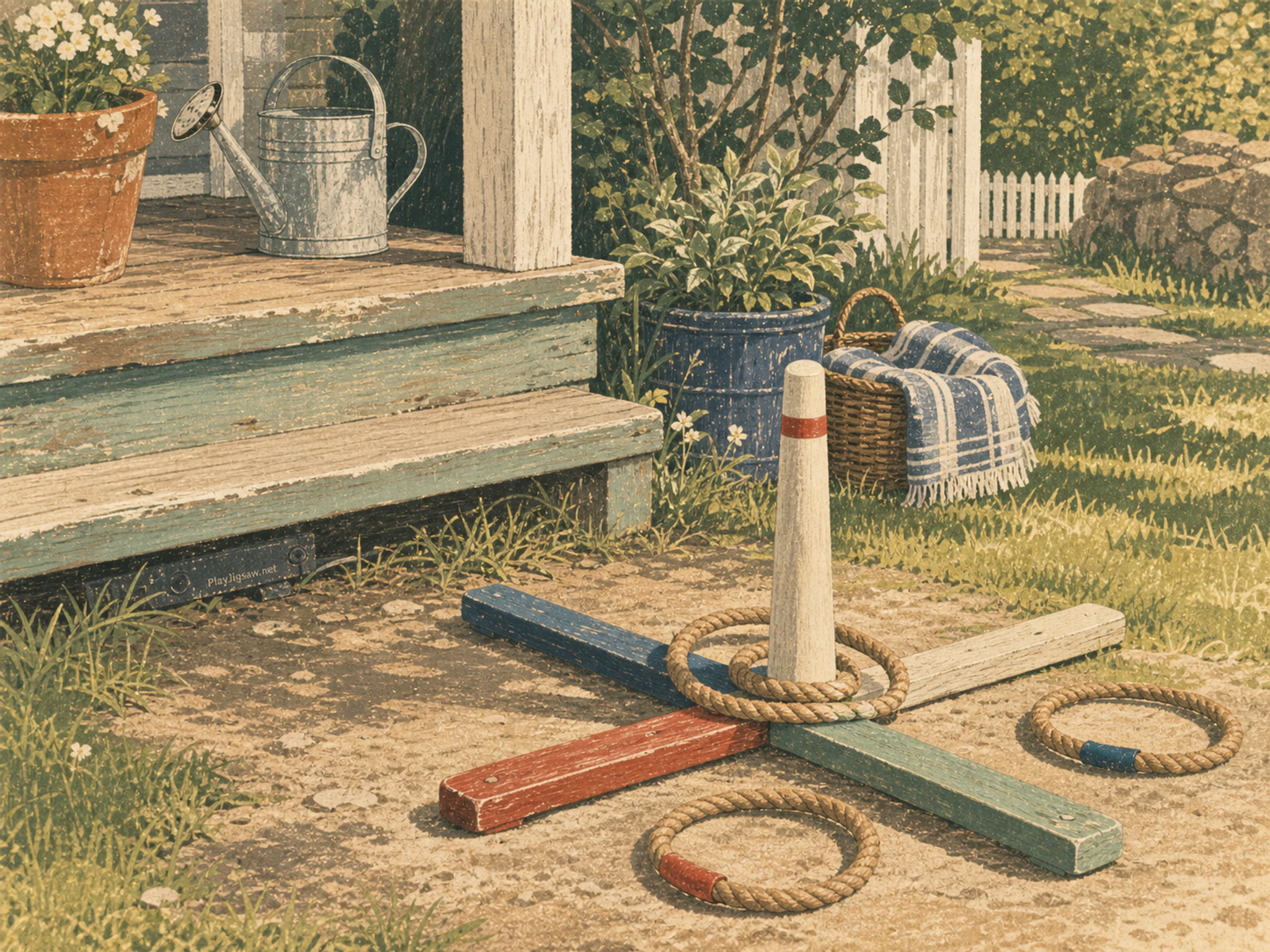ring toss garden set up naturally beside a painted score peg without numbers in a backyard ring-toss setup beside a small porch, with familiar objects and golden kitchen-window.