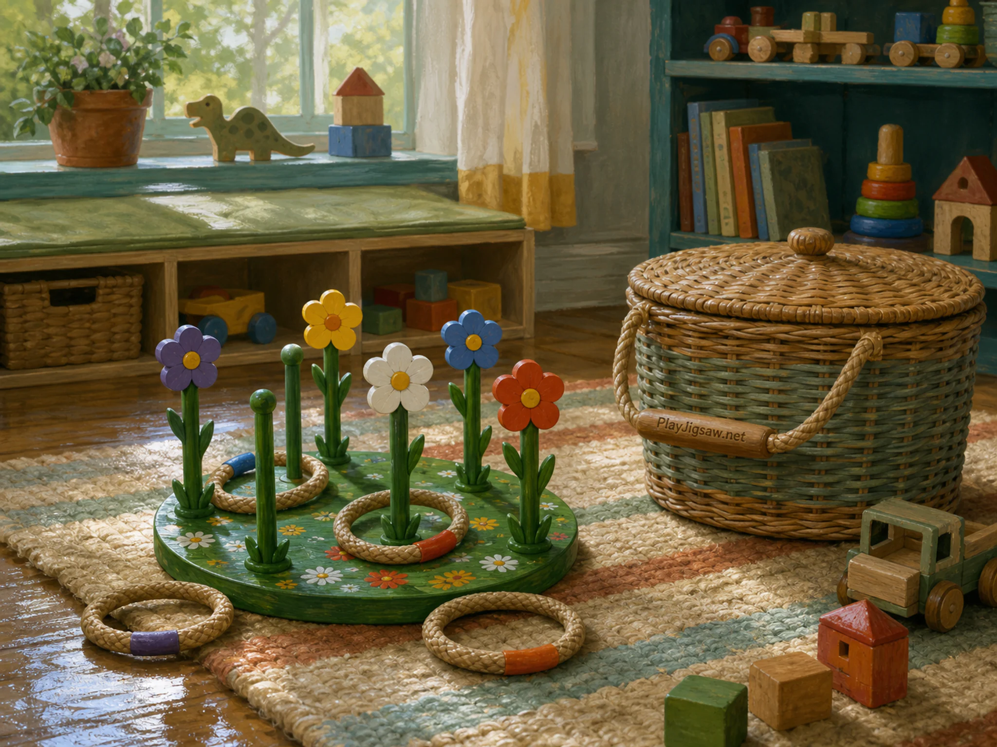 ring toss garden set up naturally beside a lidded toy basket in a colorful playroom floor with familiar wooden toys, with familiar objects and sun after a brief rain shower.