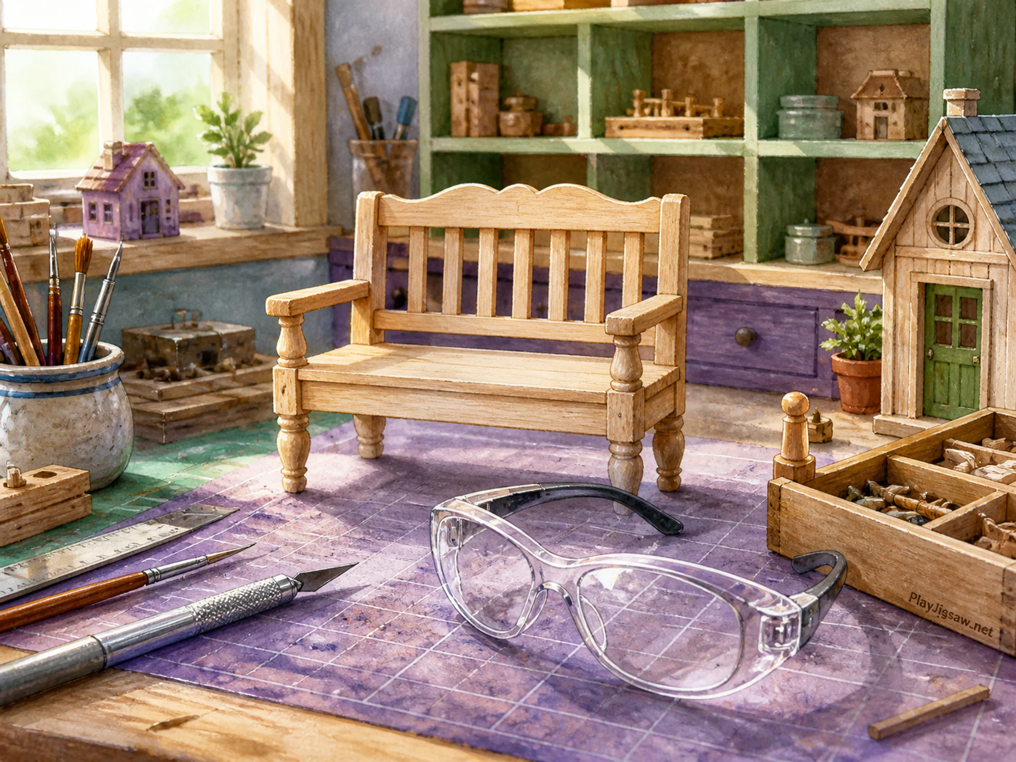 Dollhouse Bench set up around clear safety goggles in a careful model workshop, with layered scenery and bright diffused window light.