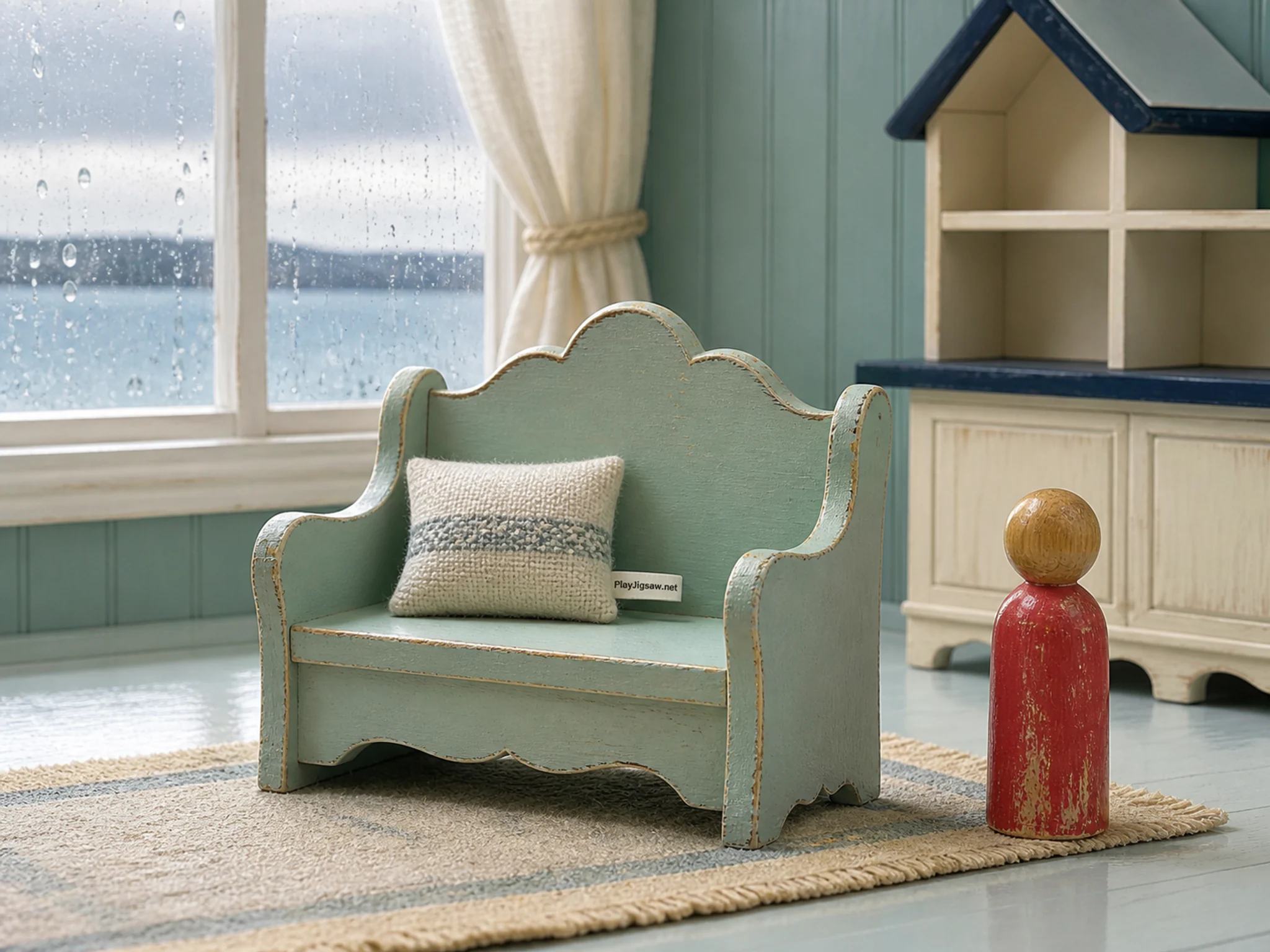 Dollhouse Bench being tested beside painted score peg in a calm nursery room, with layered scenery and gentle rain with crisp reflections.