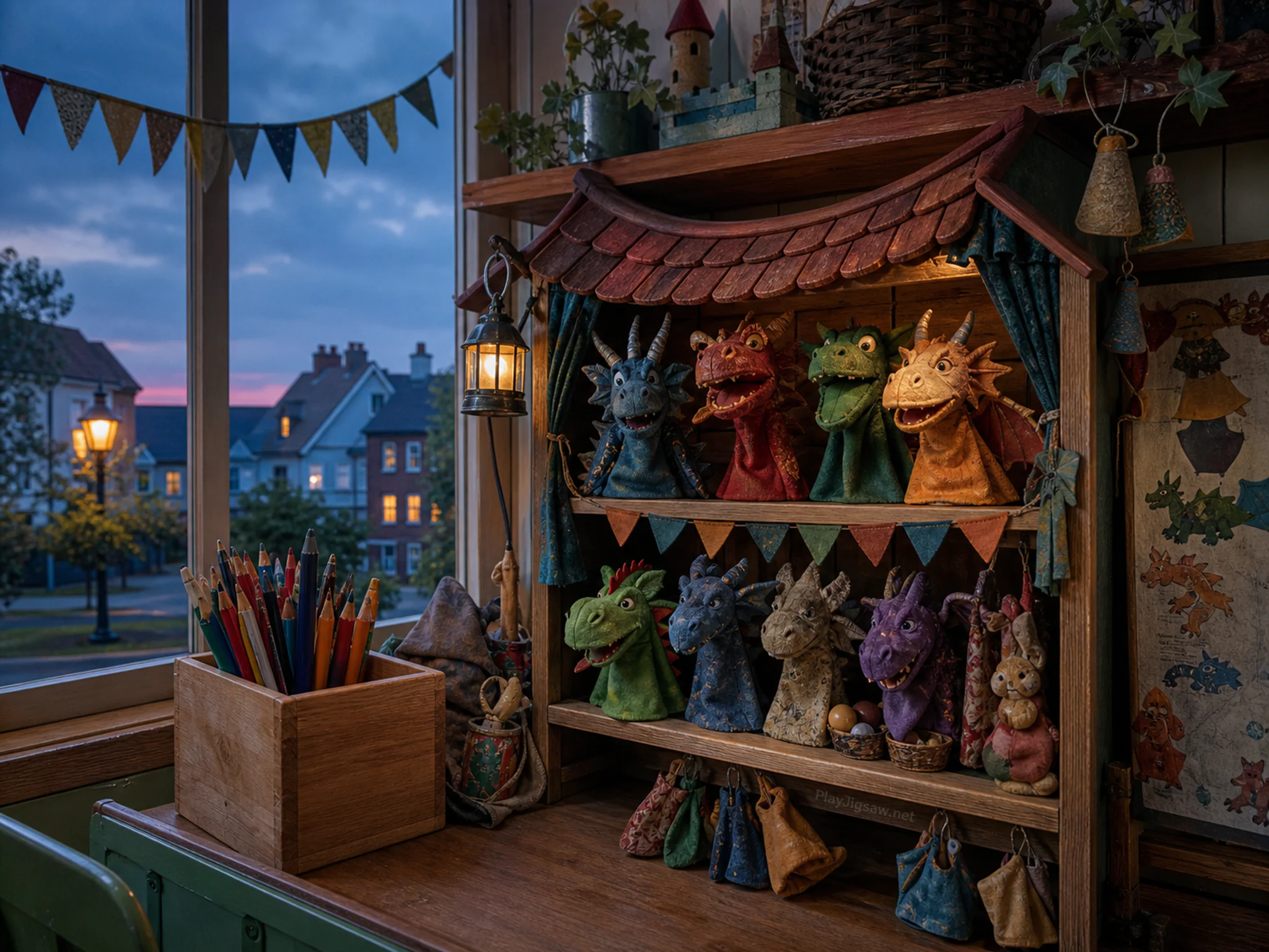 dragon puppet shop set up naturally beside a wooden pencil caddy without text in a classroom puppet shelf arranged like a tiny dragon shop after school, with familiar objects and.