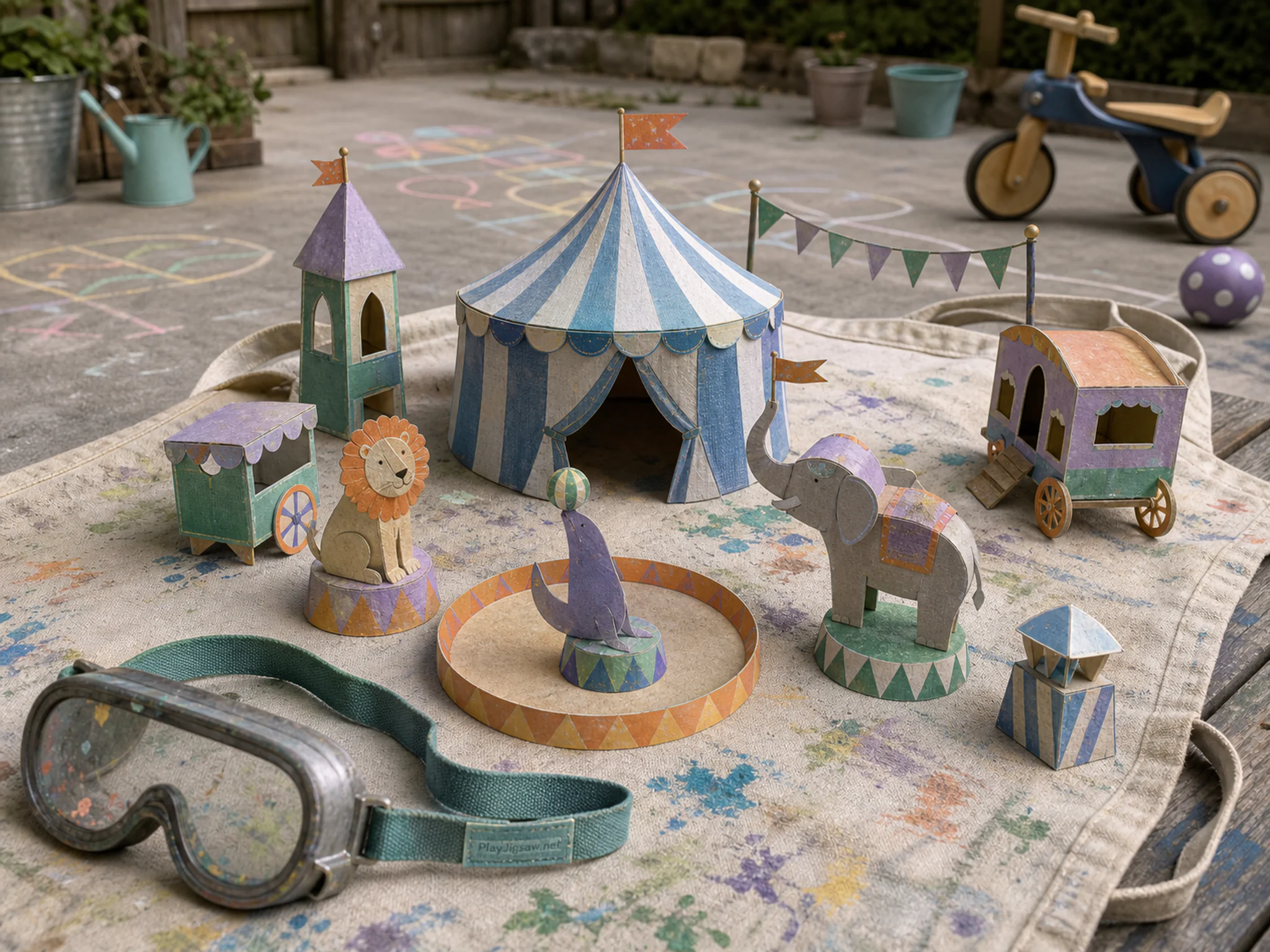 Paper Circus assembled across paint-splashed apron in a bright outdoor play space, with layered scenery and soft overcast afternoon.