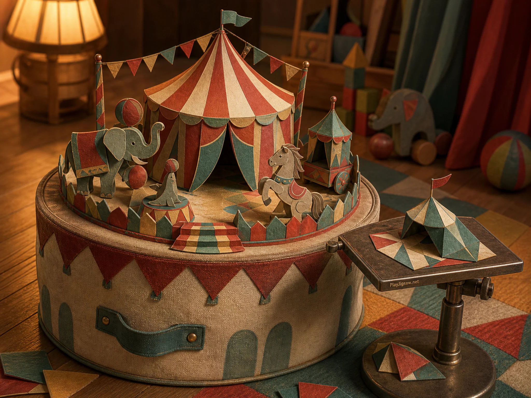 Paper Circus taking shape on fabric prop basket in a colorful playroom floor, with layered scenery and golden lamplight at dusk.