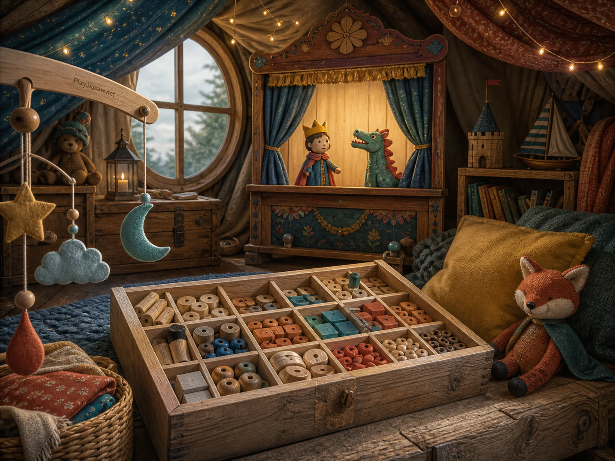 Puppet Theater drying near sorted wooden parts box in a cozy child-built hideaway, with layered scenery and soft overcast afternoon.