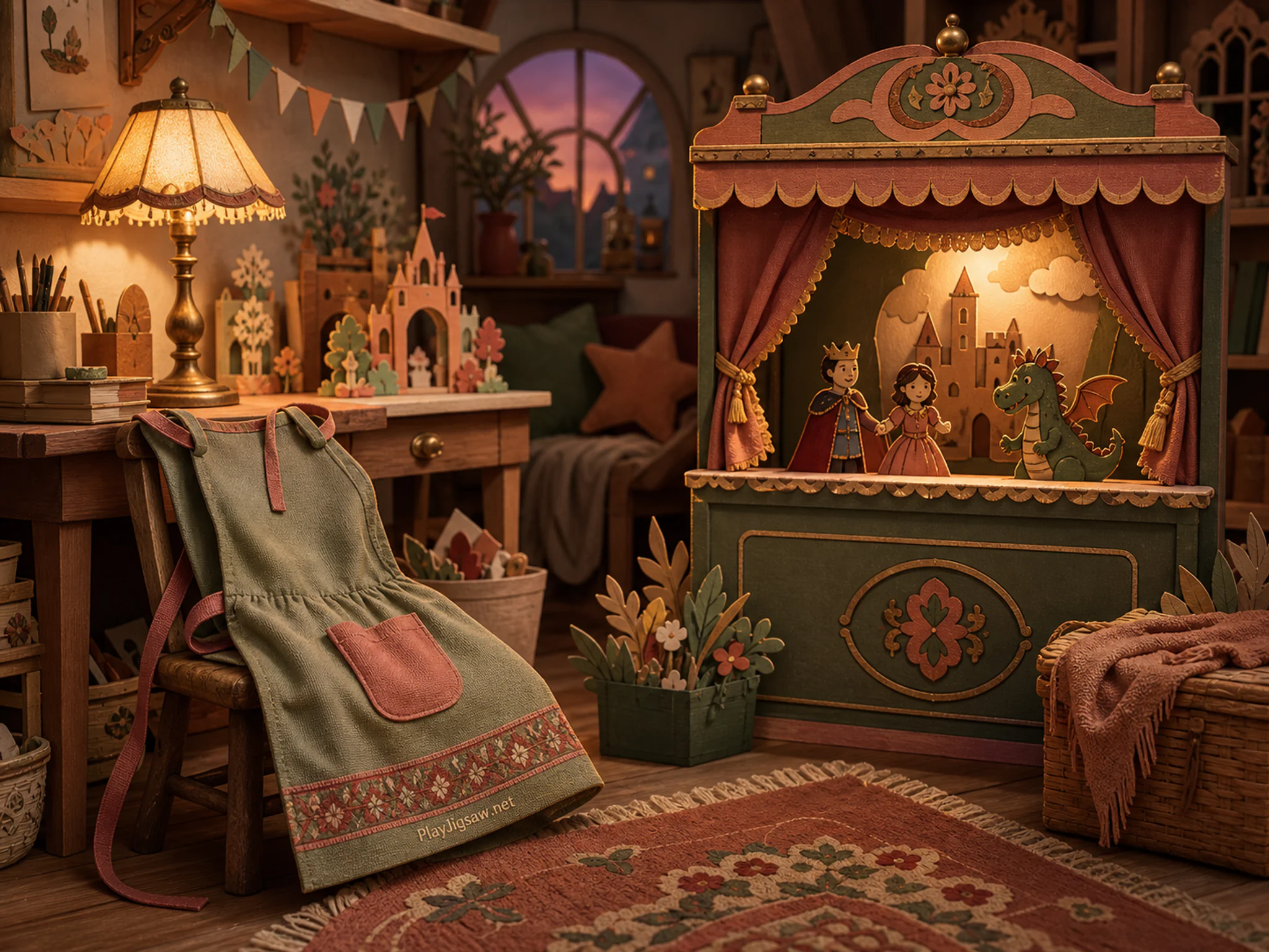 Puppet Theater waiting behind small assembly stand in a miniature storytelling corner, with layered scenery and golden lamplight at dusk.
