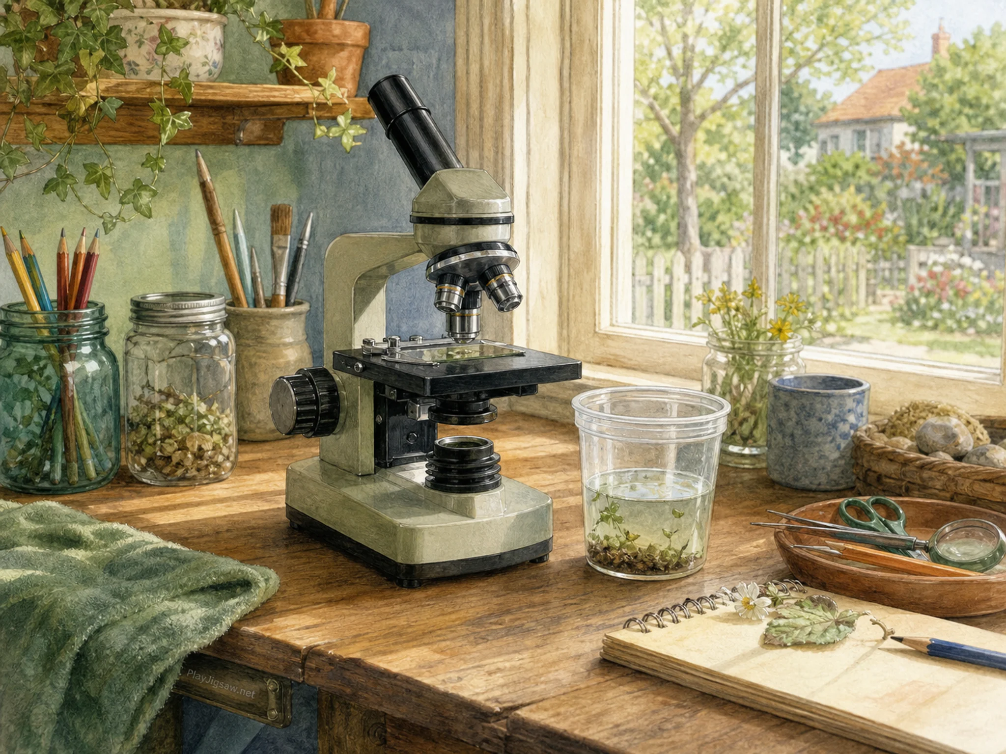 microscope garden lab set up naturally beside a washable sample cup in a kitchen microscope activity table with jars and safe craft tools, with familiar objects and bright.