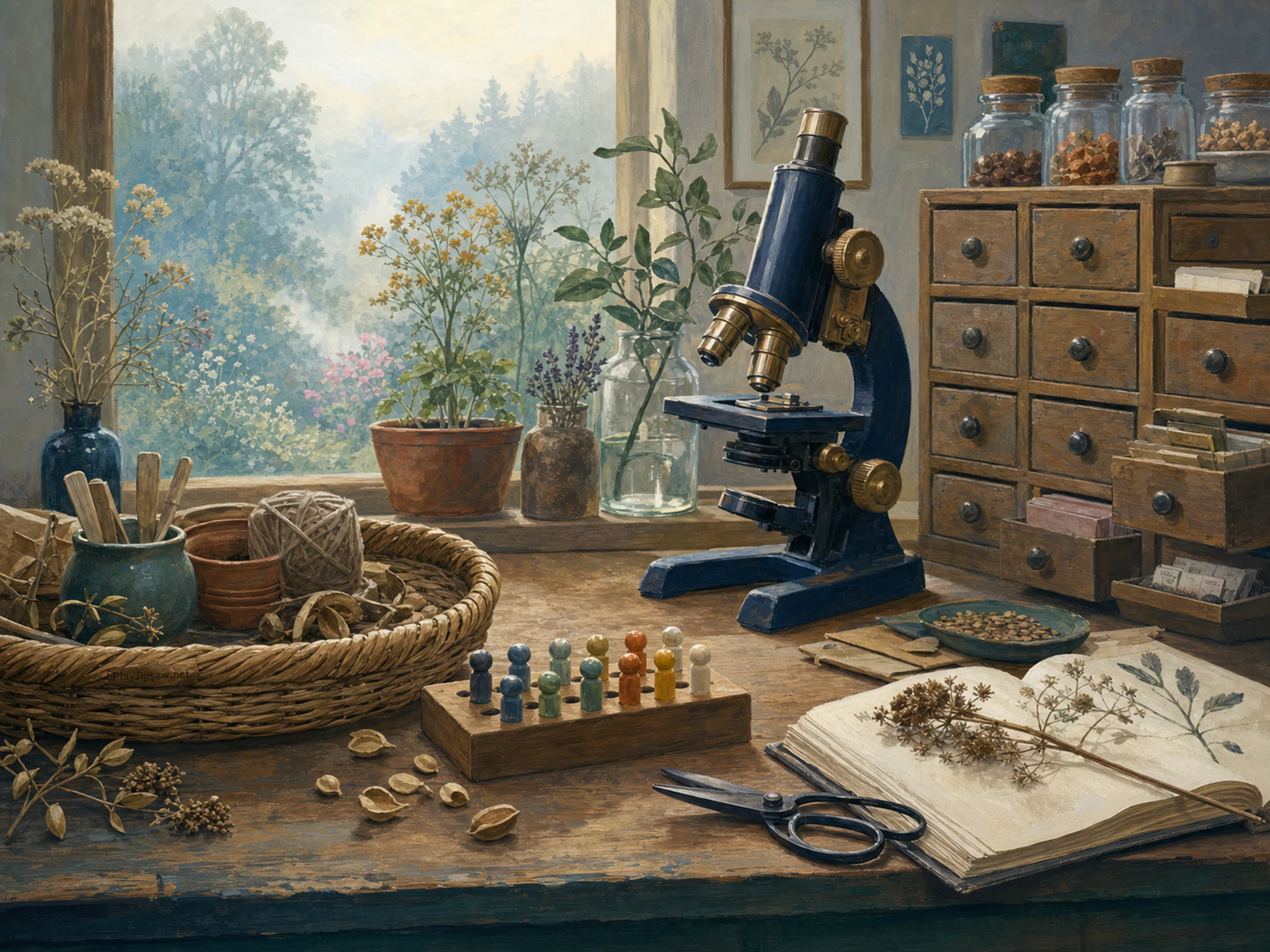 Microscope Garden Lab drying near painted score peg in a careful model workshop, with layered scenery and calm misty dawn.