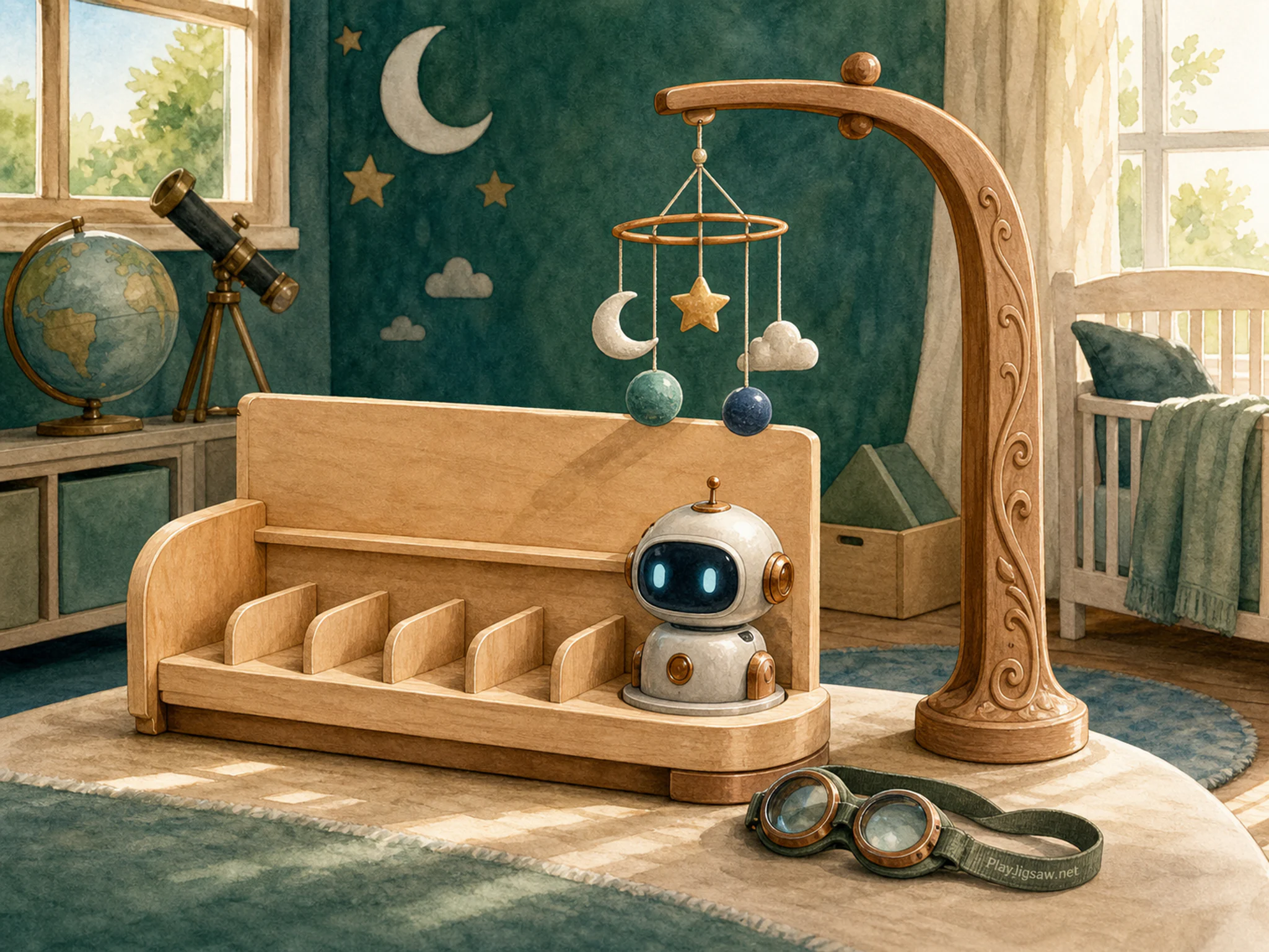 Robot Charging Shelf assembled across carved mobile arm in a calm nursery room, with layered scenery and clear early morning light.