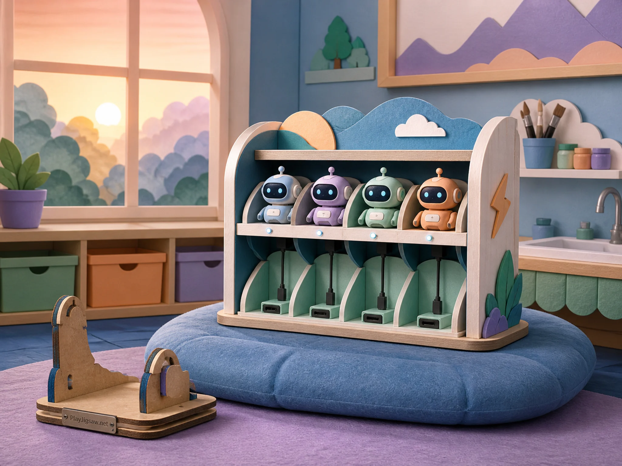 Robot Charging Shelf taking shape on soft floor cushion in a washable art classroom, with layered scenery and calm misty dawn.