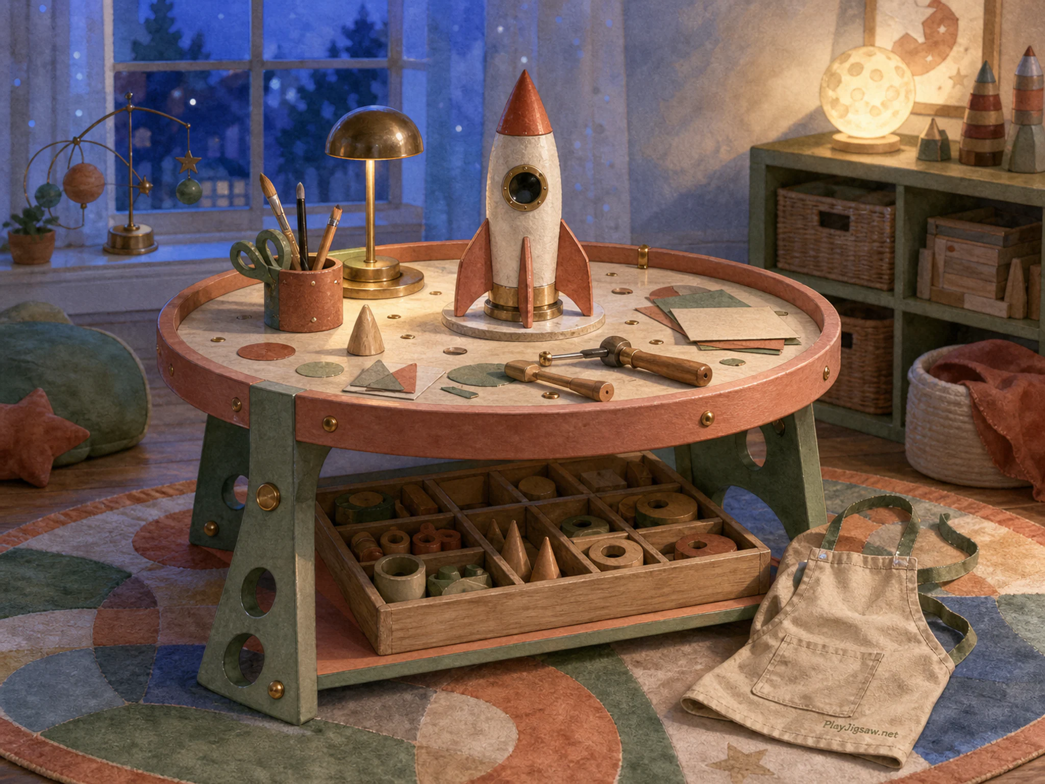 Rocket Club Table tucked beneath sorted wooden parts box in a colorful playroom floor, with layered scenery and cool blue-hour light.