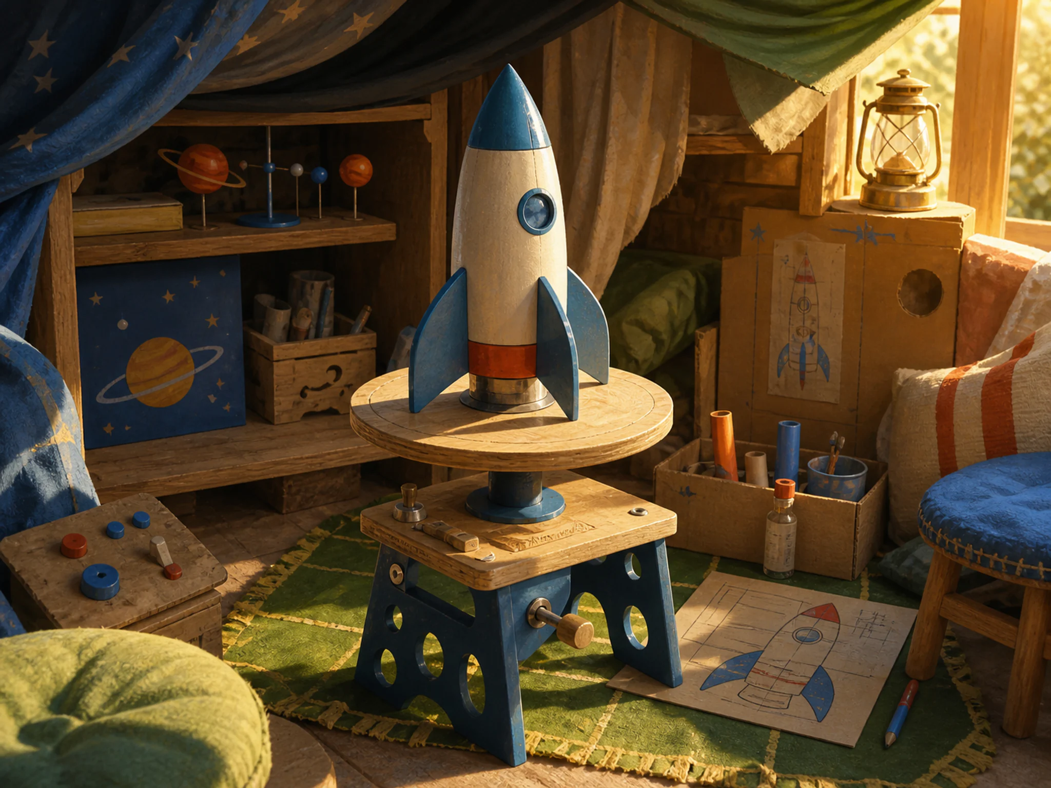 Rocket Club Table turning above small assembly stand in a cozy child-built hideaway, with layered scenery and warm late-day sunlight.